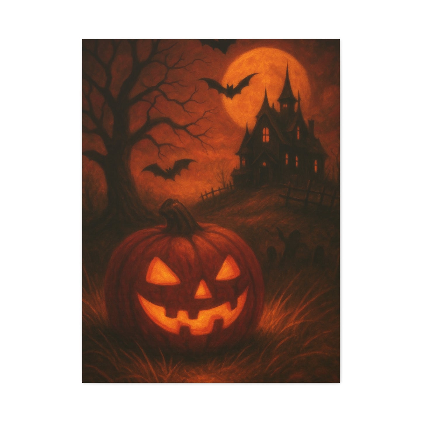 Halloween Themed Canvas Art, Spooky Wall Decor, Pumpkin Artwork, Haunted House Print, Fall Home Decoration