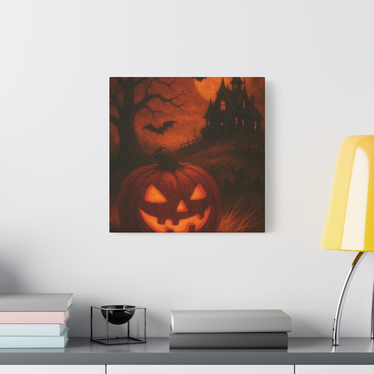 Halloween Themed Canvas Art, Spooky Wall Decor, Pumpkin Artwork, Haunted House Print, Fall Home Decoration