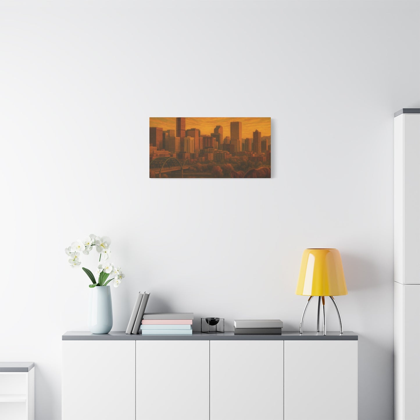 Stretched Canvas Wall Art, Urban Sunset Landscape Print, Horse and City Scene, Home Décor, Gift Idea for Art Lovers