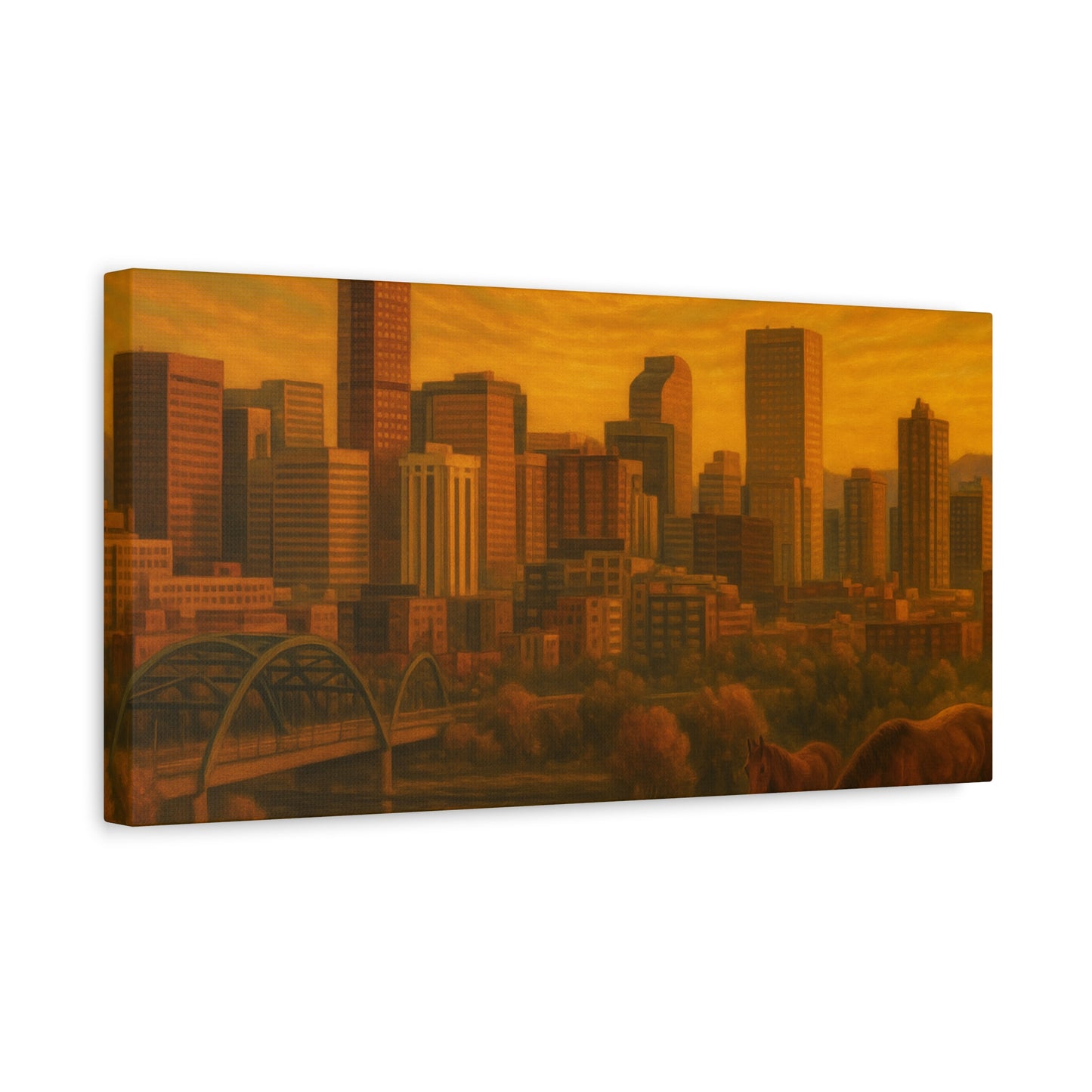 Stretched Canvas Wall Art, Urban Sunset Landscape Print, Horse and City Scene, Home Décor, Gift Idea for Art Lovers