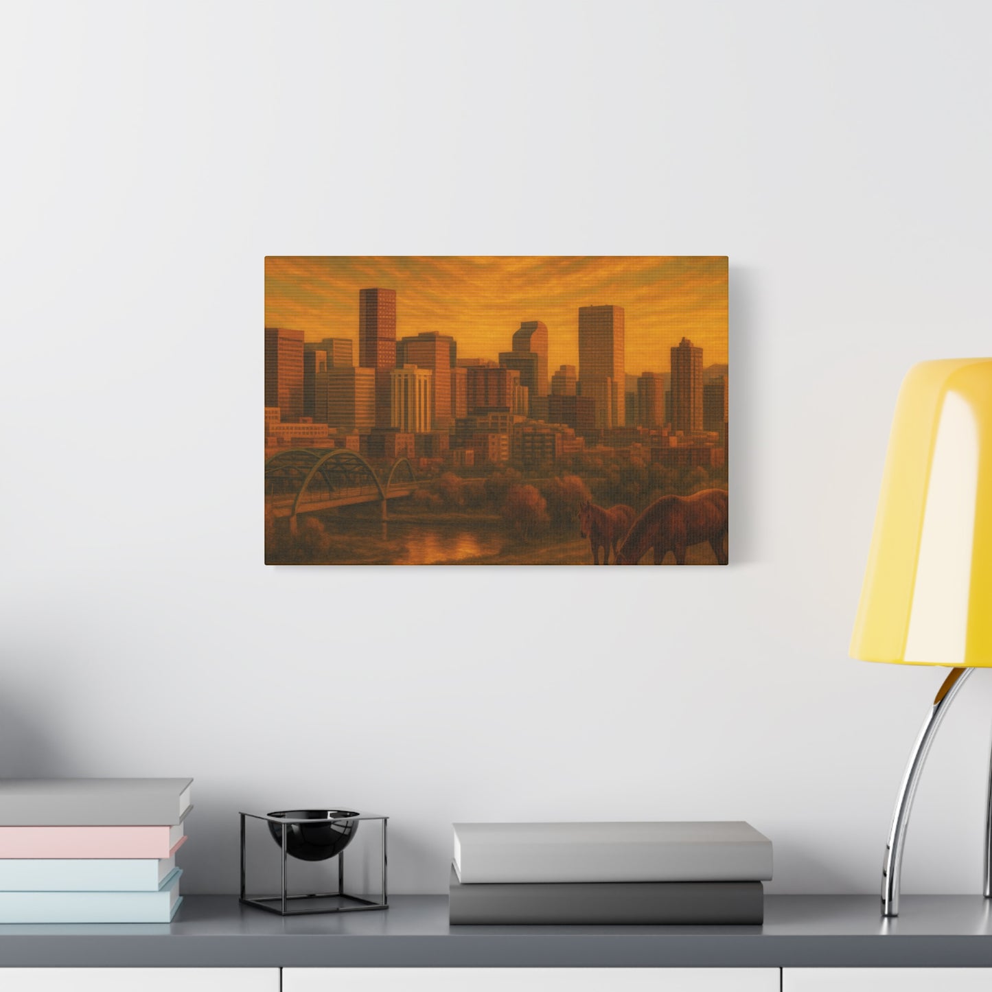 Stretched Canvas Wall Art, Urban Sunset Landscape Print, Horse and City Scene, Home Décor, Gift Idea for Art Lovers