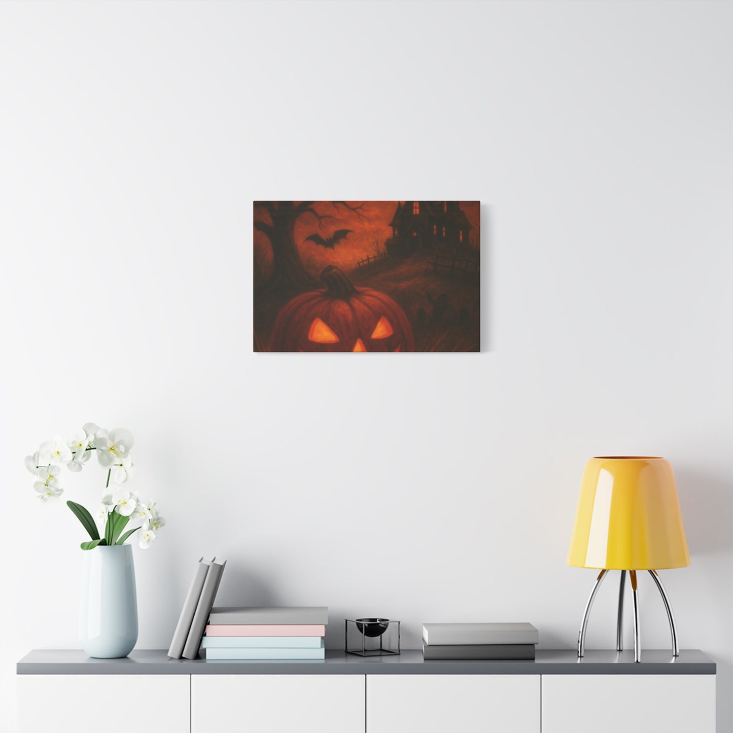 Halloween Themed Canvas Art, Spooky Wall Decor, Pumpkin Artwork, Haunted House Print, Fall Home Decoration