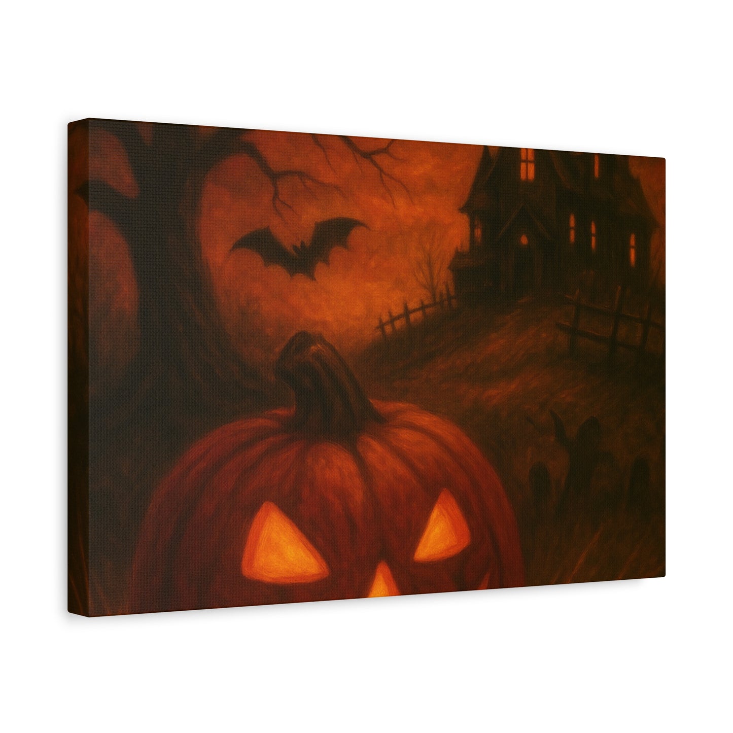Halloween Themed Canvas Art, Spooky Wall Decor, Pumpkin Artwork, Haunted House Print, Fall Home Decoration