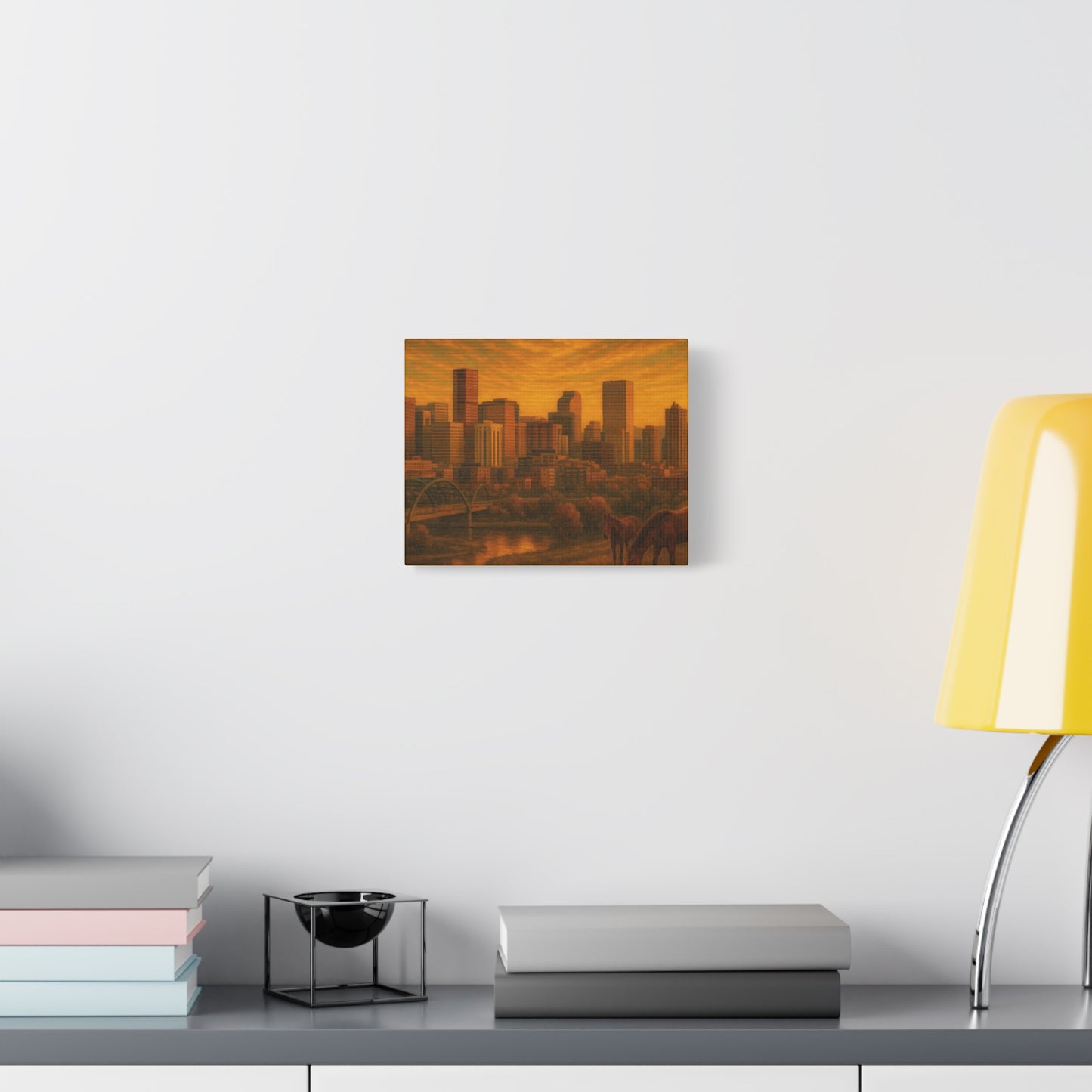Stretched Canvas Wall Art, Urban Sunset Landscape Print, Horse and City Scene, Home Décor, Gift Idea for Art Lovers