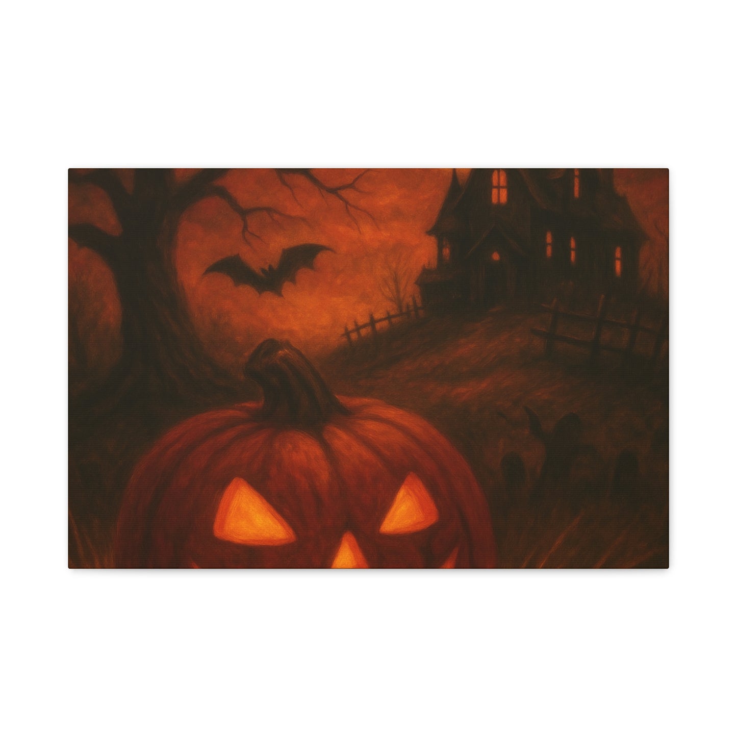Halloween Themed Canvas Art, Spooky Wall Decor, Pumpkin Artwork, Haunted House Print, Fall Home Decoration