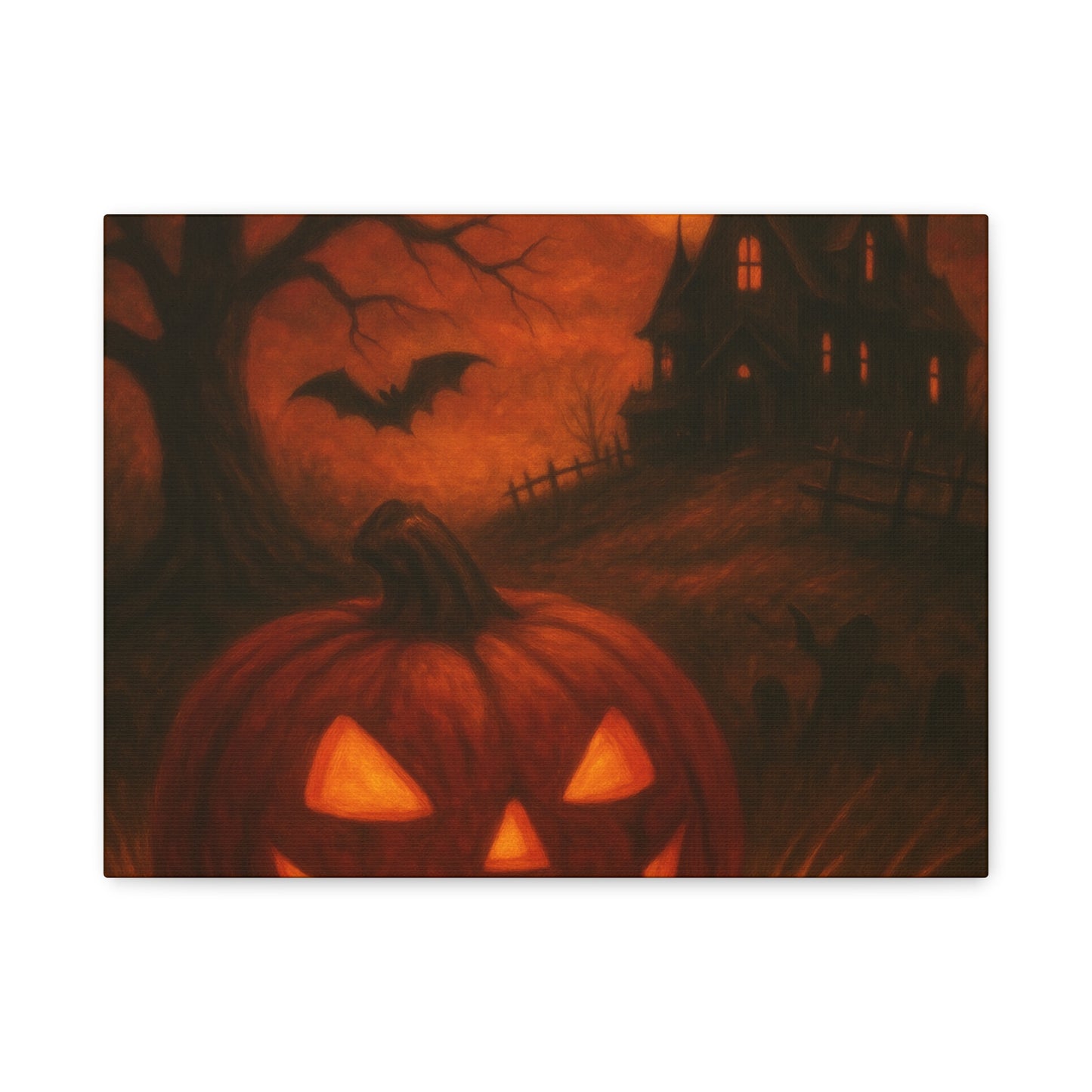 Halloween Themed Canvas Art, Spooky Wall Decor, Pumpkin Artwork, Haunted House Print, Fall Home Decoration