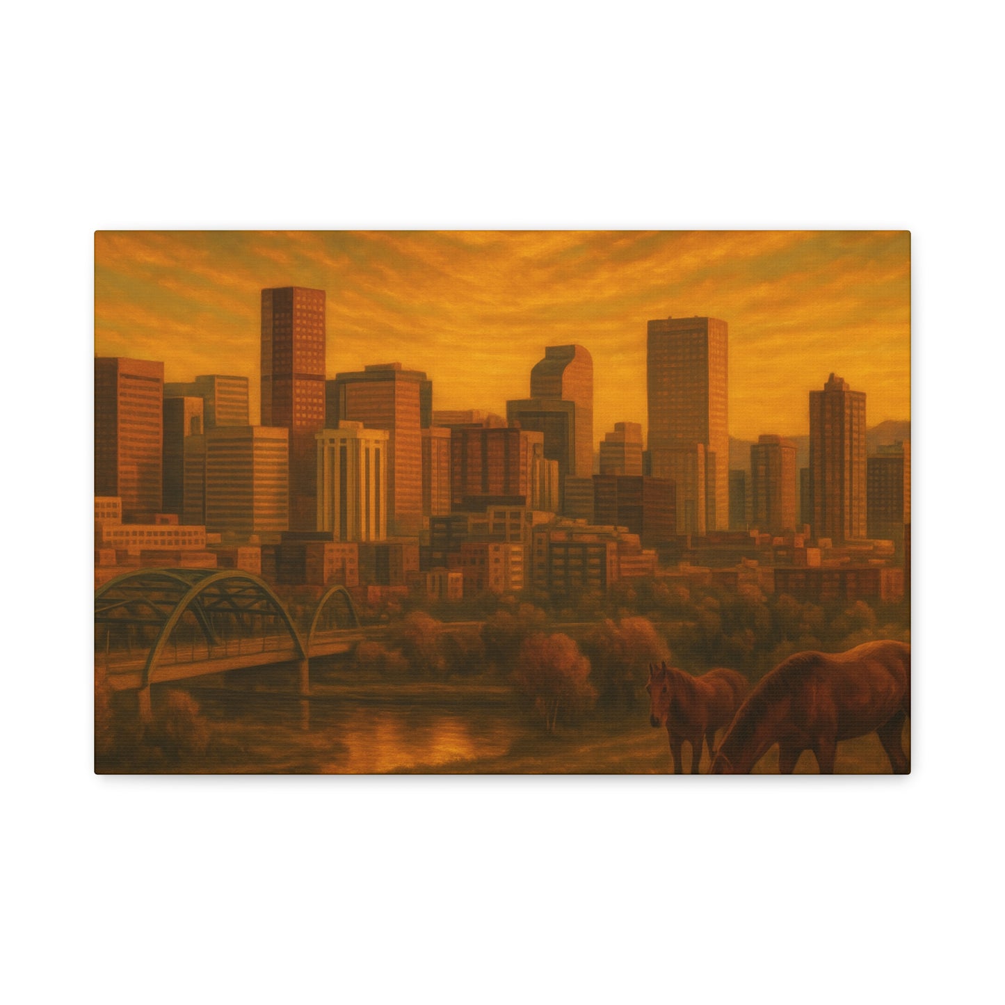 Stretched Canvas Wall Art, Urban Sunset Landscape Print, Horse and City Scene, Home Décor, Gift Idea for Art Lovers