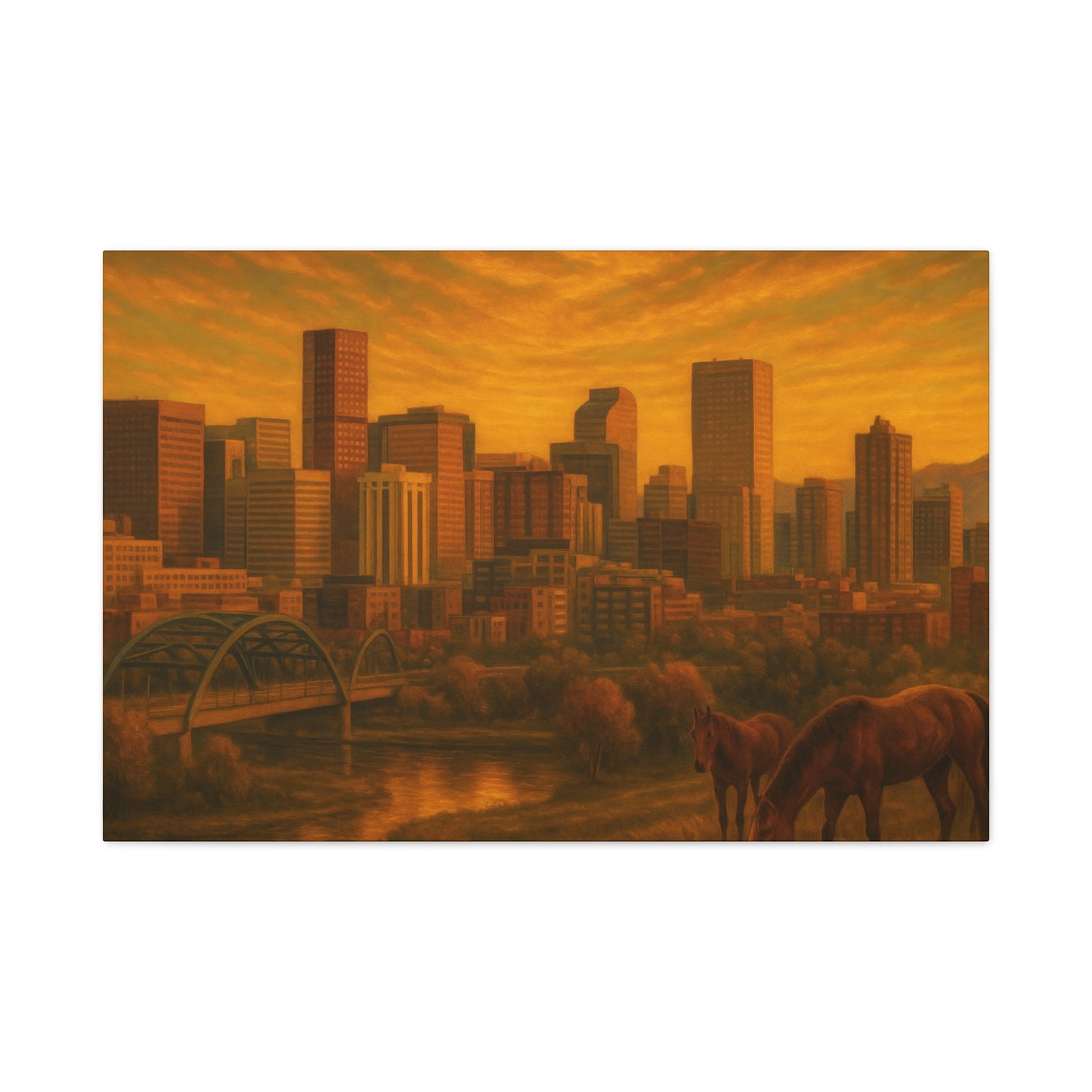 Stretched Canvas Wall Art, Urban Sunset Landscape Print, Horse and City Scene, Home Décor, Gift Idea for Art Lovers