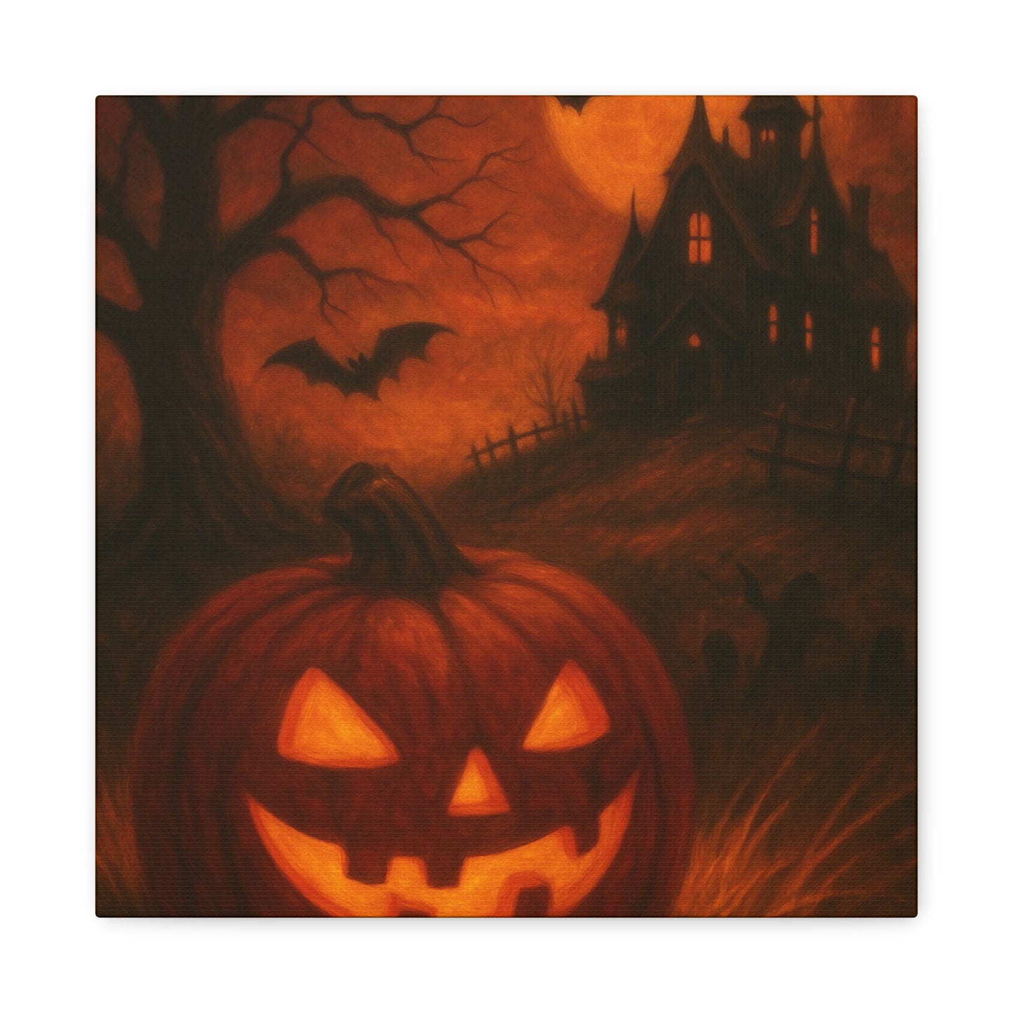 Halloween Themed Canvas Art, Spooky Wall Decor, Pumpkin Artwork, Haunted House Print, Fall Home Decoration