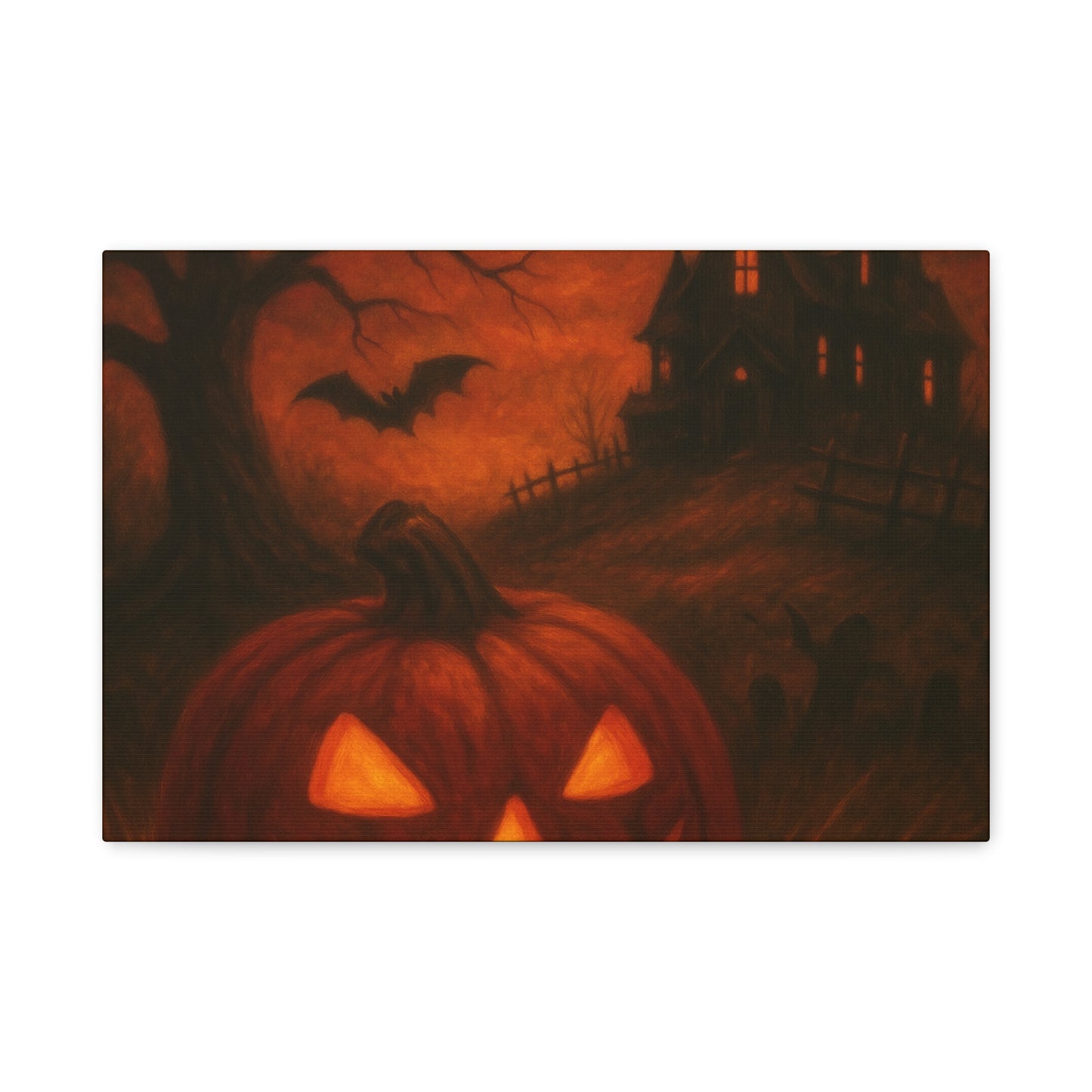 Halloween Themed Canvas Art, Spooky Wall Decor, Pumpkin Artwork, Haunted House Print, Fall Home Decoration