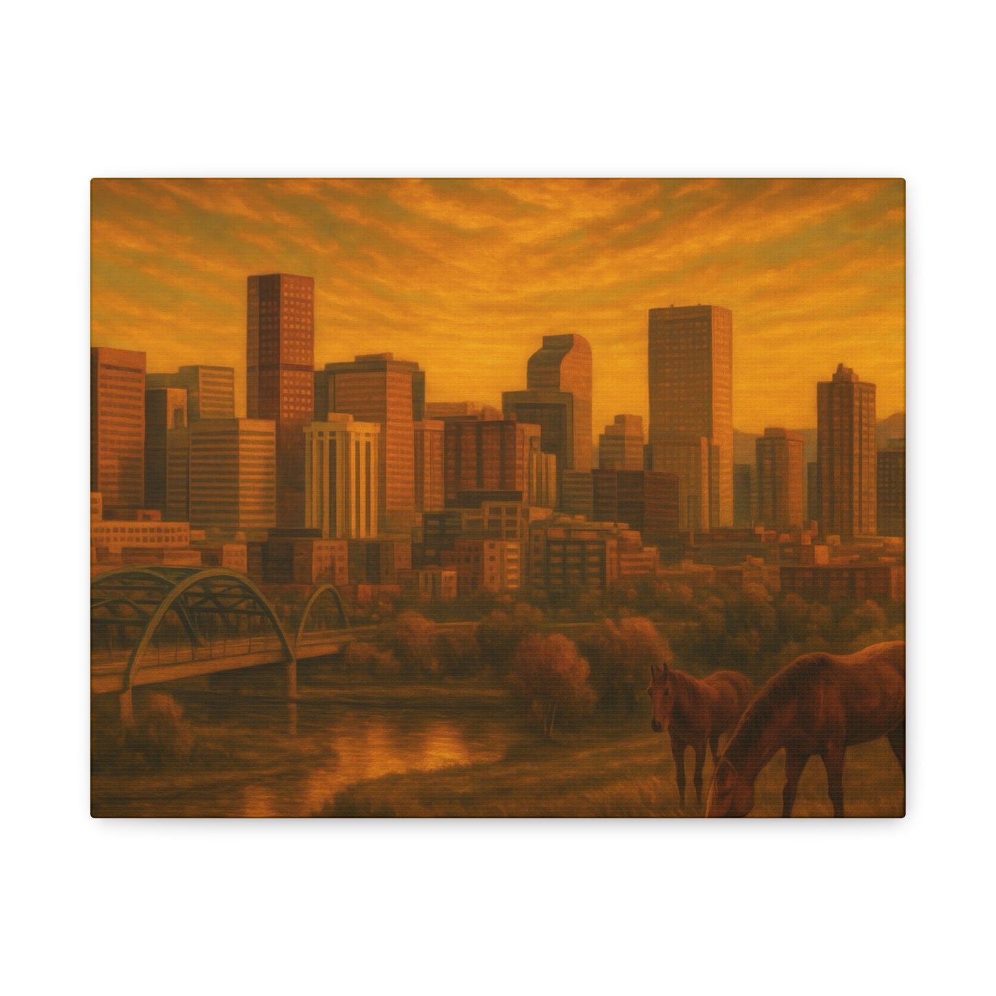 Stretched Canvas Wall Art, Urban Sunset Landscape Print, Horse and City Scene, Home Décor, Gift Idea for Art Lovers