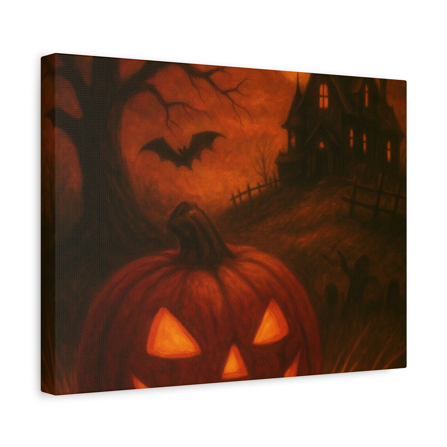 Halloween Themed Canvas Art, Spooky Wall Decor, Pumpkin Artwork, Haunted House Print, Fall Home Decoration