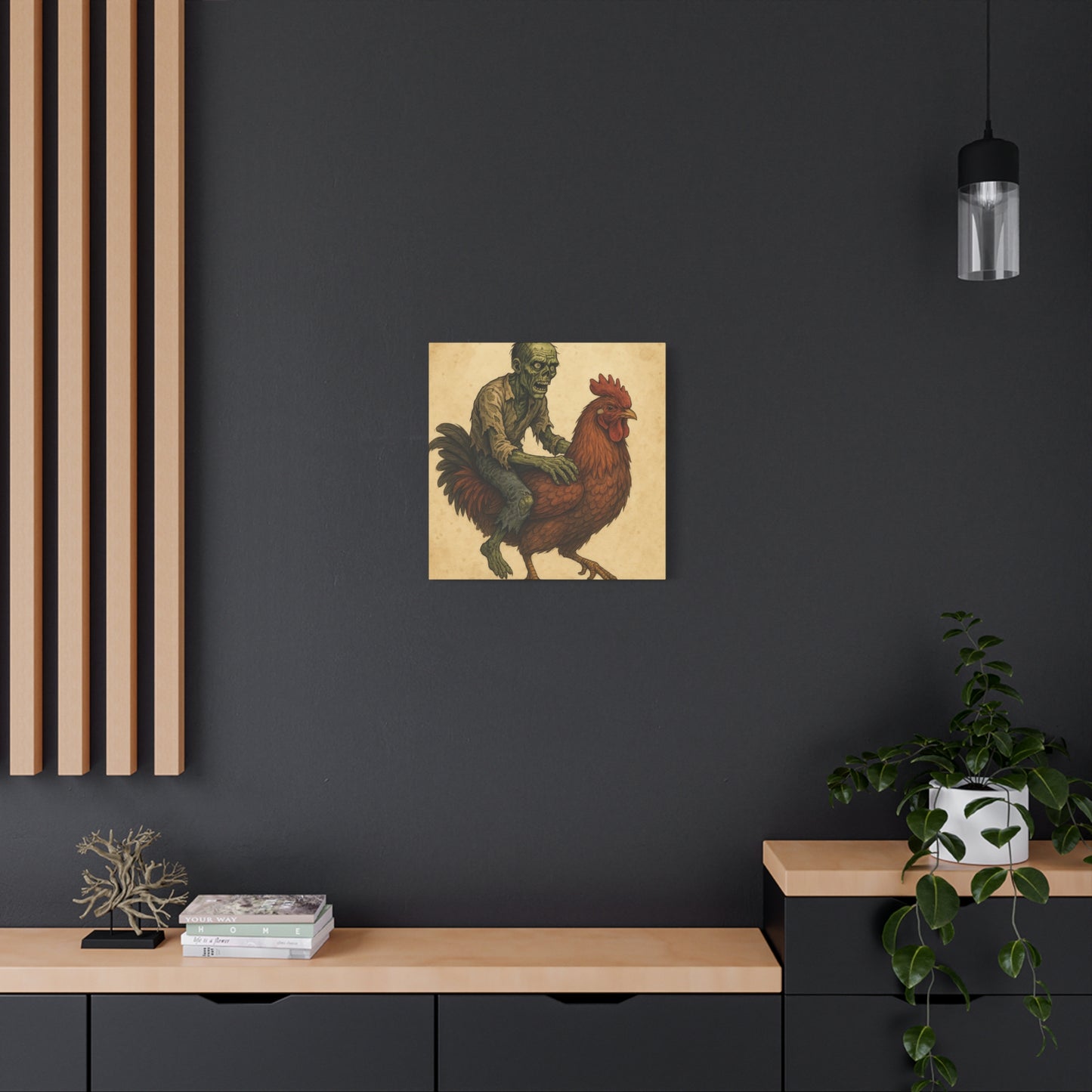 Zombie Chicken Ride Matte Canvas Art, Whimsical Wall Decor, Funny Gift for Halloween, Unique Home Decor, Quirky Art Print