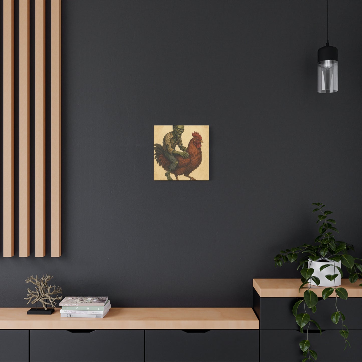 Zombie Chicken Ride Matte Canvas Art, Whimsical Wall Decor, Funny Gift for Halloween, Unique Home Decor, Quirky Art Print