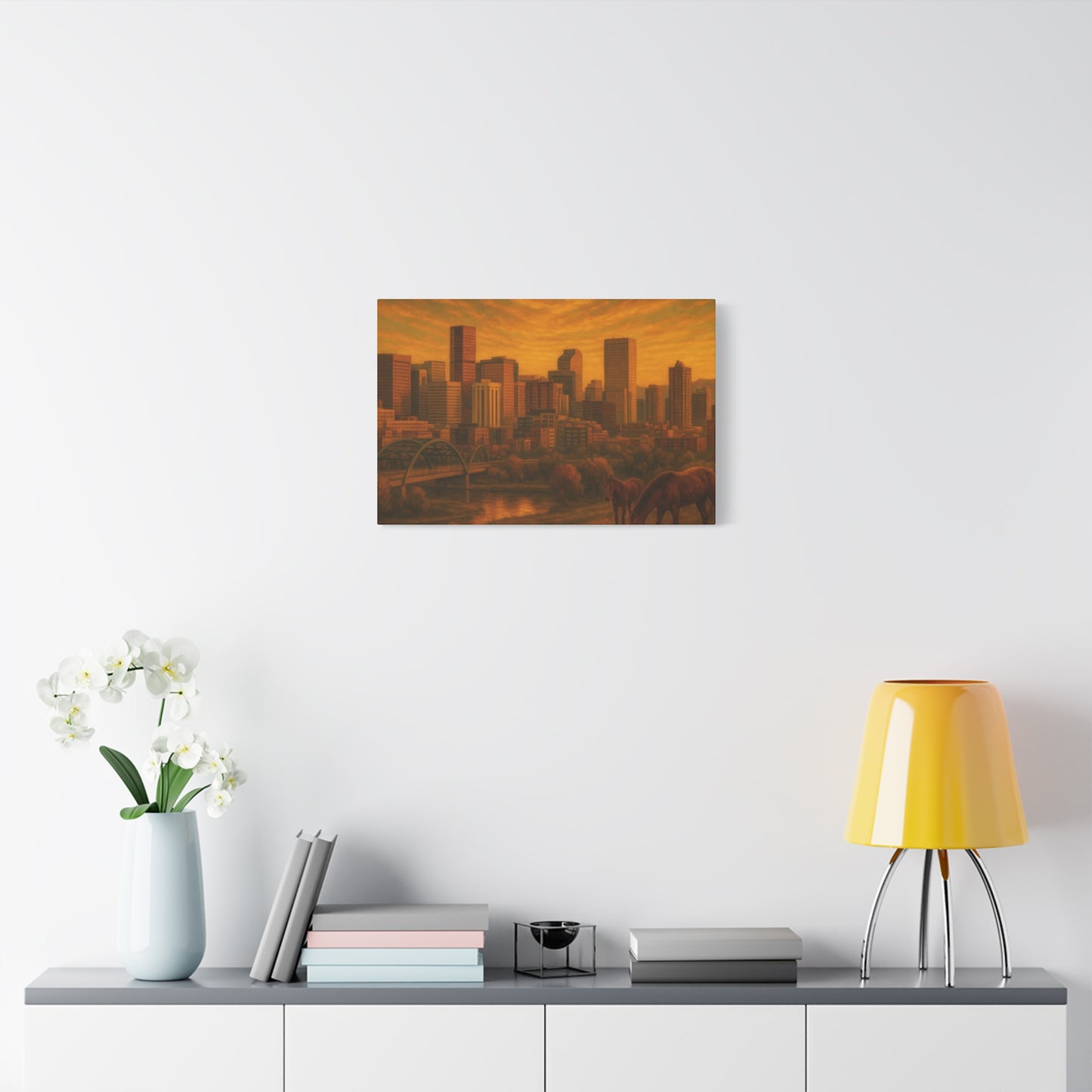 Stretched Canvas Wall Art, Urban Sunset Landscape Print, Horse and City Scene, Home Décor, Gift Idea for Art Lovers