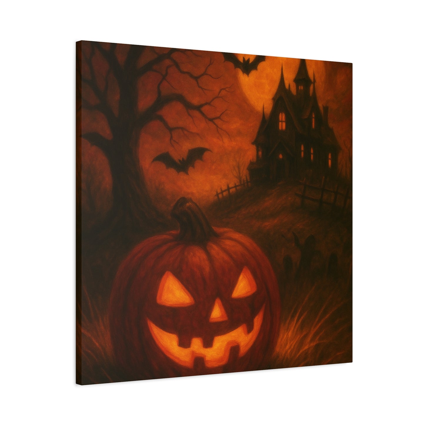 Halloween Themed Canvas Art, Spooky Wall Decor, Pumpkin Artwork, Haunted House Print, Fall Home Decoration
