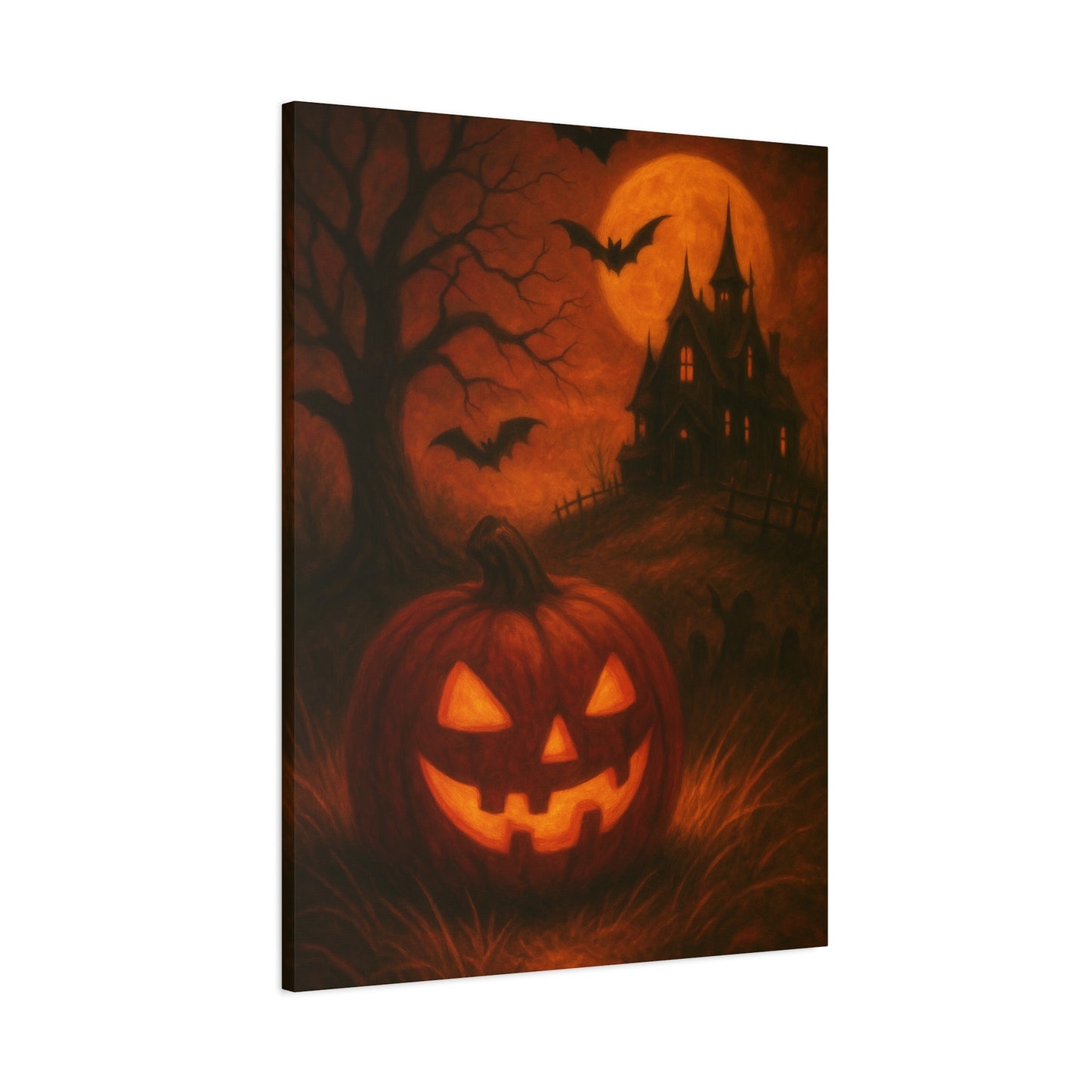 Halloween Themed Canvas Art, Spooky Wall Decor, Pumpkin Artwork, Haunted House Print, Fall Home Decoration