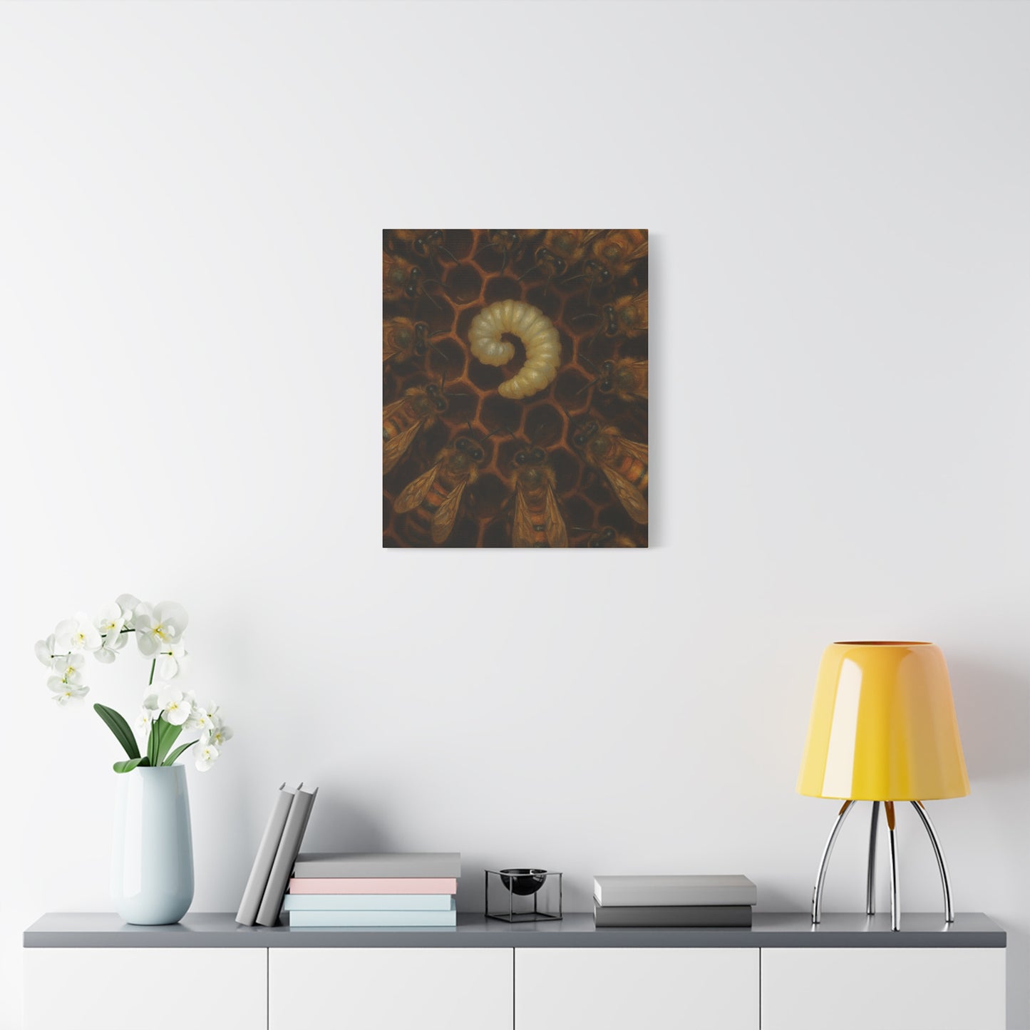 Bee Themed Wall Art Canvas, Honeycomb Decor, Nature Lover Gift, Nursery Decoration, Botanical Wall Art, Insect Art Print