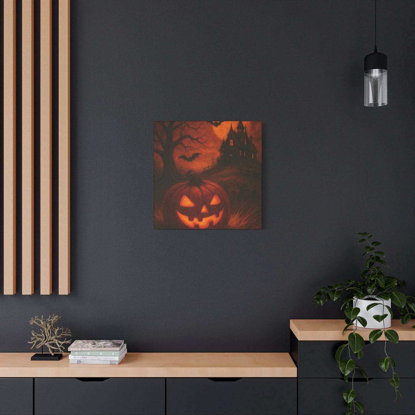 Halloween Themed Canvas Art, Spooky Wall Decor, Pumpkin Artwork, Haunted House Print, Fall Home Decoration
