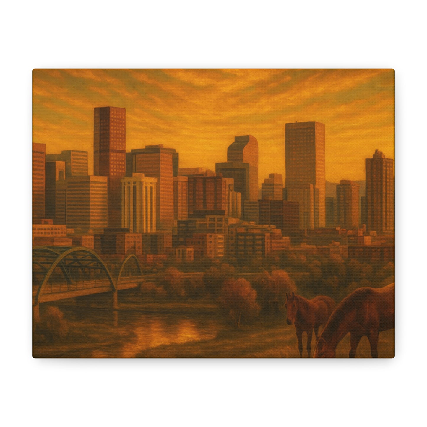 Stretched Canvas Wall Art, Urban Sunset Landscape Print, Horse and City Scene, Home Décor, Gift Idea for Art Lovers