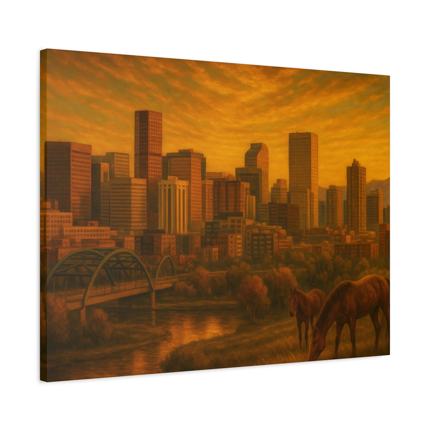 Stretched Canvas Wall Art, Urban Sunset Landscape Print, Horse and City Scene, Home Décor, Gift Idea for Art Lovers