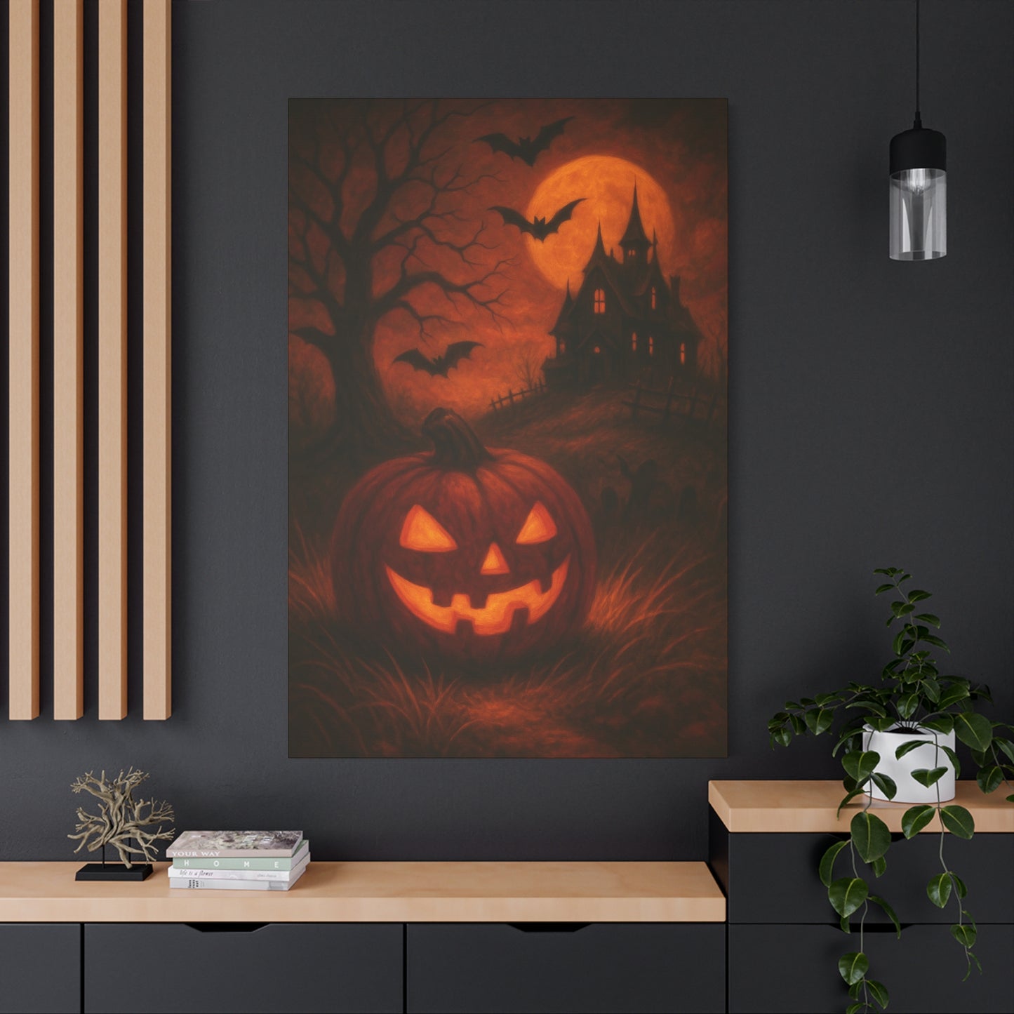 Halloween Themed Canvas Art, Spooky Wall Decor, Pumpkin Artwork, Haunted House Print, Fall Home Decoration