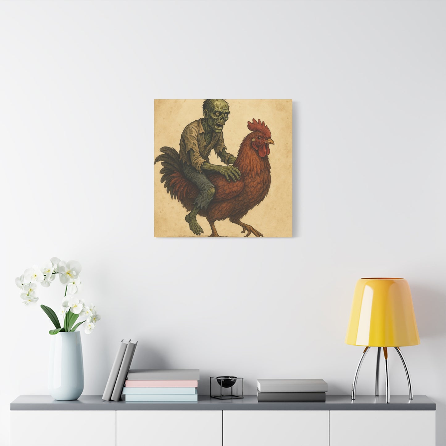 Zombie Chicken Ride Matte Canvas Art, Whimsical Wall Decor, Funny Gift for Halloween, Unique Home Decor, Quirky Art Print