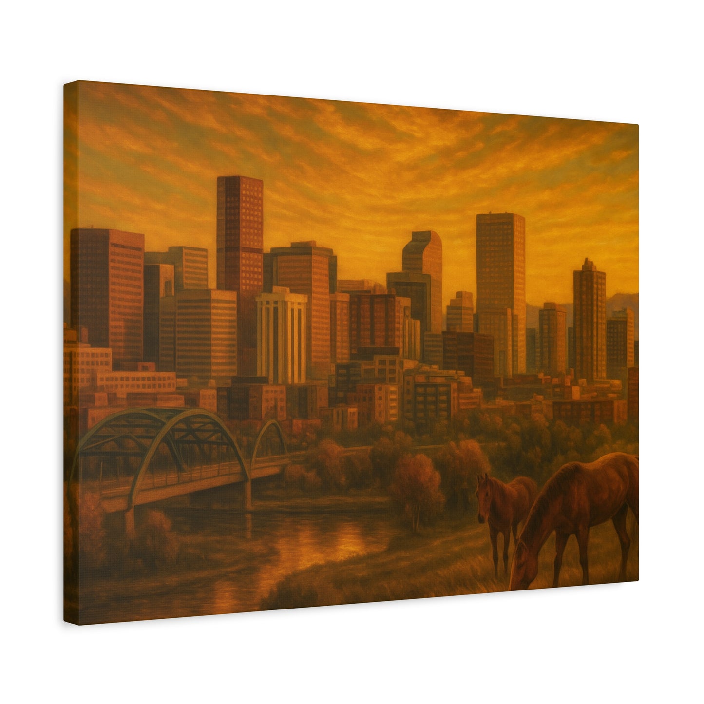 Stretched Canvas Wall Art, Urban Sunset Landscape Print, Horse and City Scene, Home Décor, Gift Idea for Art Lovers
