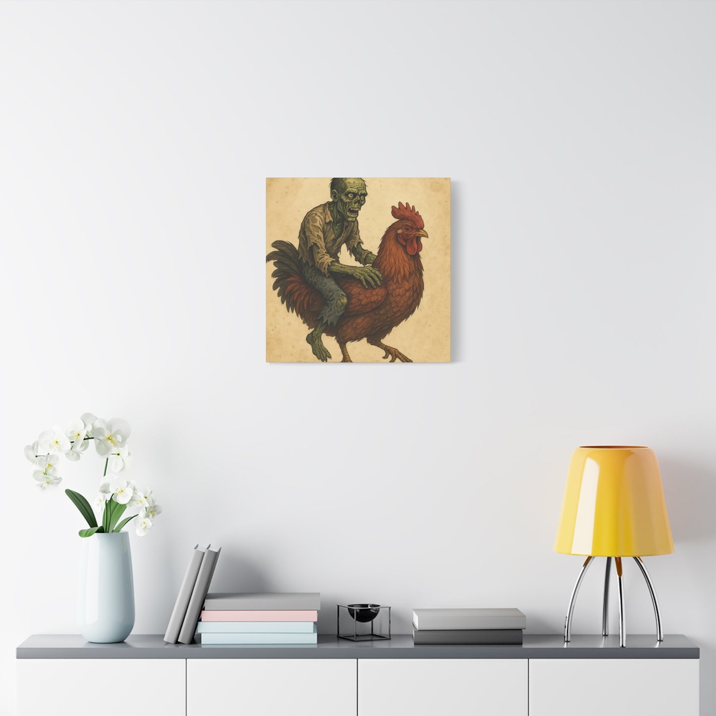 Zombie Chicken Ride Matte Canvas Art, Whimsical Wall Decor, Funny Gift for Halloween, Unique Home Decor, Quirky Art Print