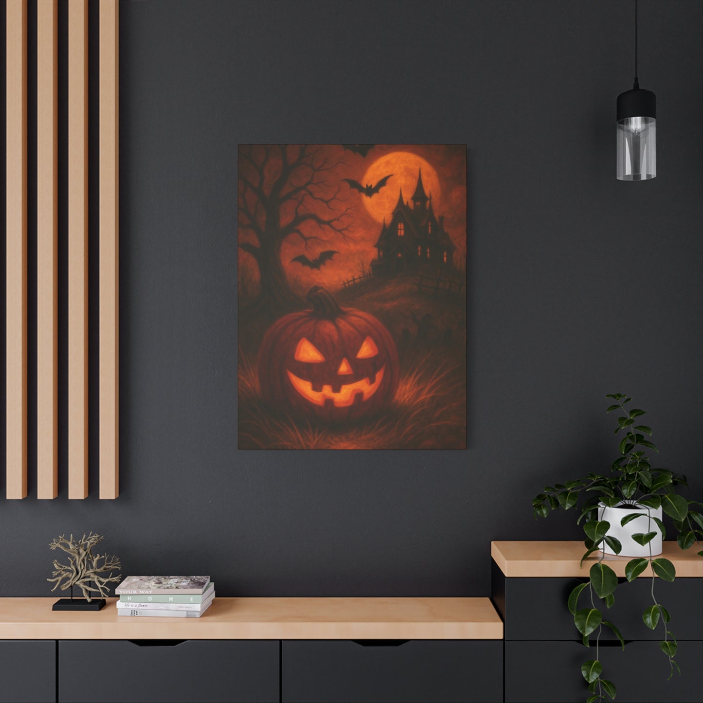 Halloween Themed Canvas Art, Spooky Wall Decor, Pumpkin Artwork, Haunted House Print, Fall Home Decoration