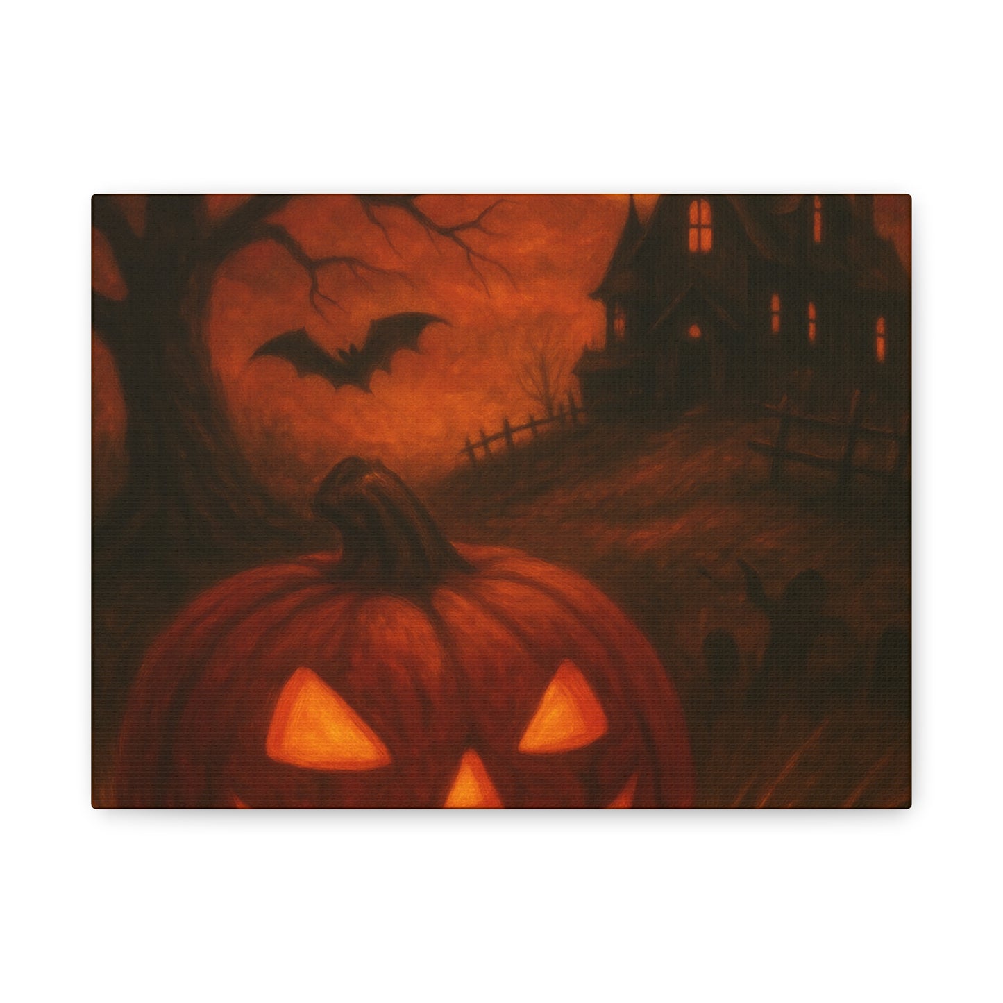 Halloween Themed Canvas Art, Spooky Wall Decor, Pumpkin Artwork, Haunted House Print, Fall Home Decoration