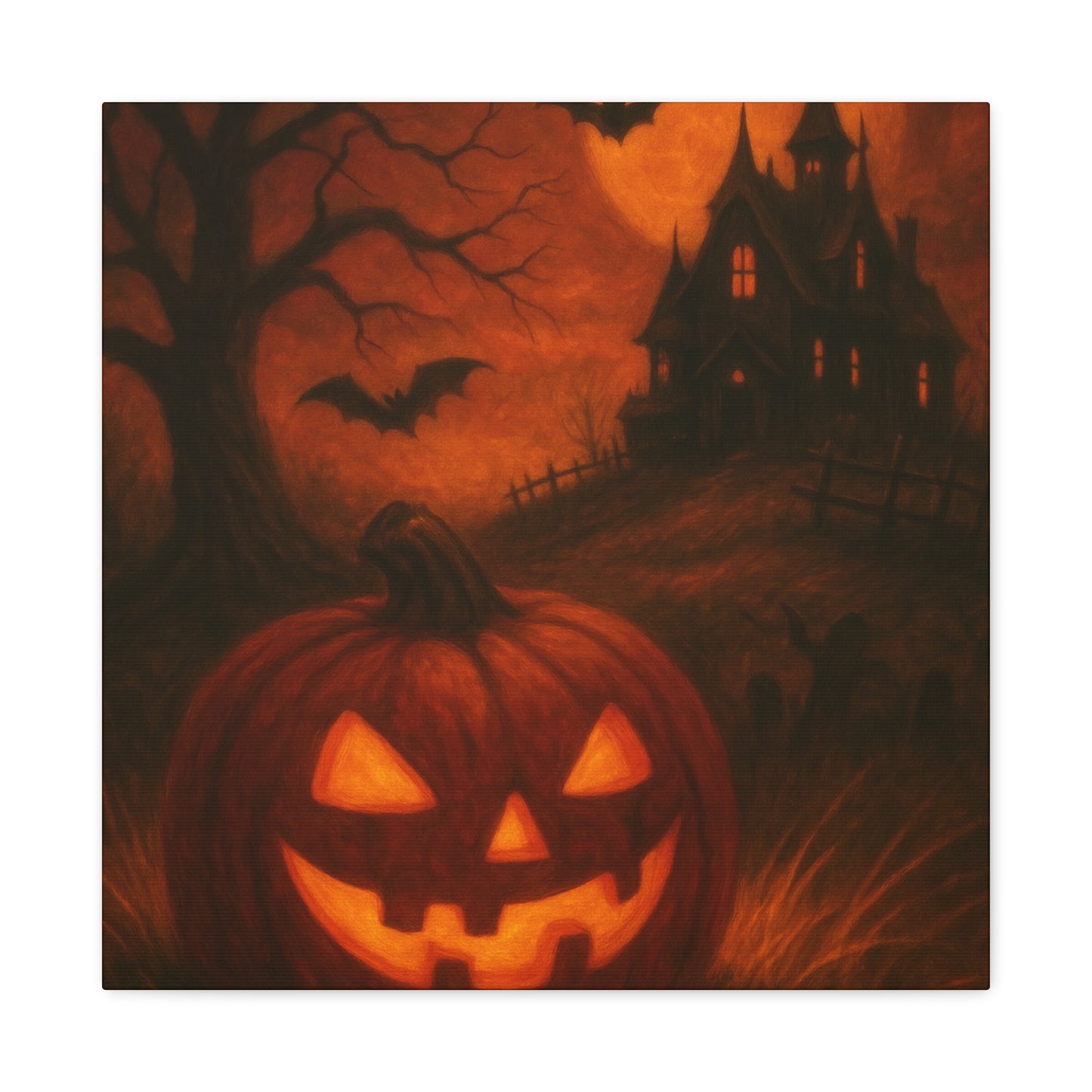 Halloween Themed Canvas Art, Spooky Wall Decor, Pumpkin Artwork, Haunted House Print, Fall Home Decoration