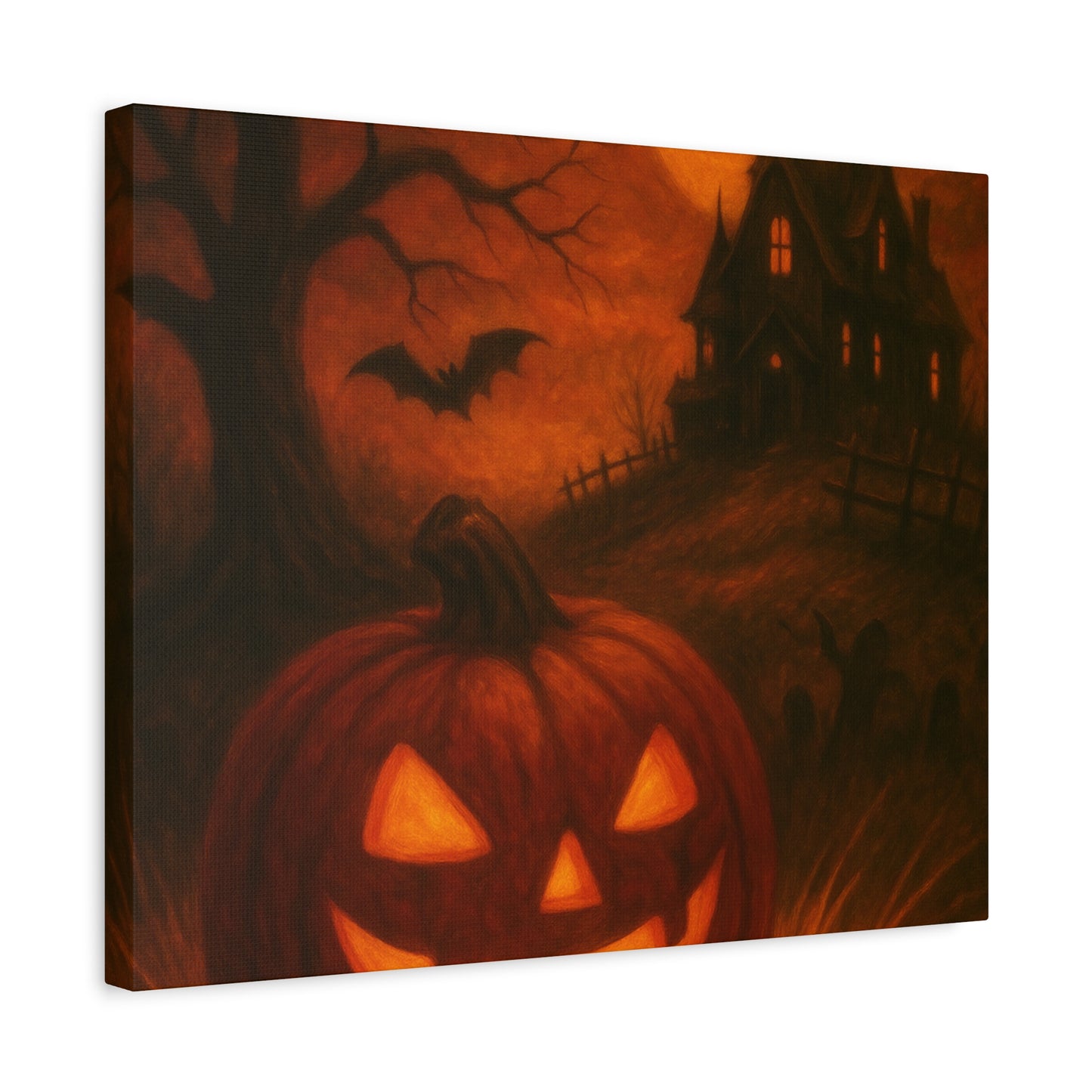 Halloween Themed Canvas Art, Spooky Wall Decor, Pumpkin Artwork, Haunted House Print, Fall Home Decoration