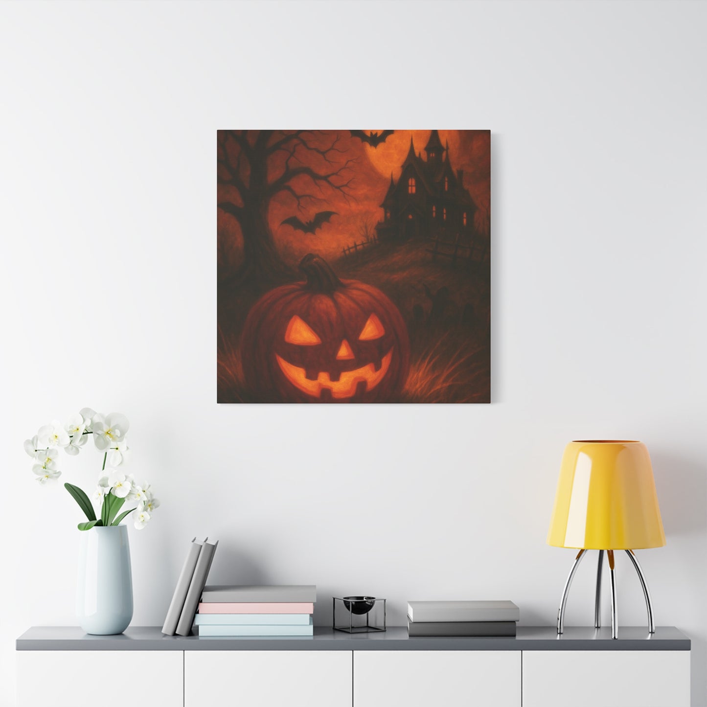 Halloween Themed Canvas Art, Spooky Wall Decor, Pumpkin Artwork, Haunted House Print, Fall Home Decoration