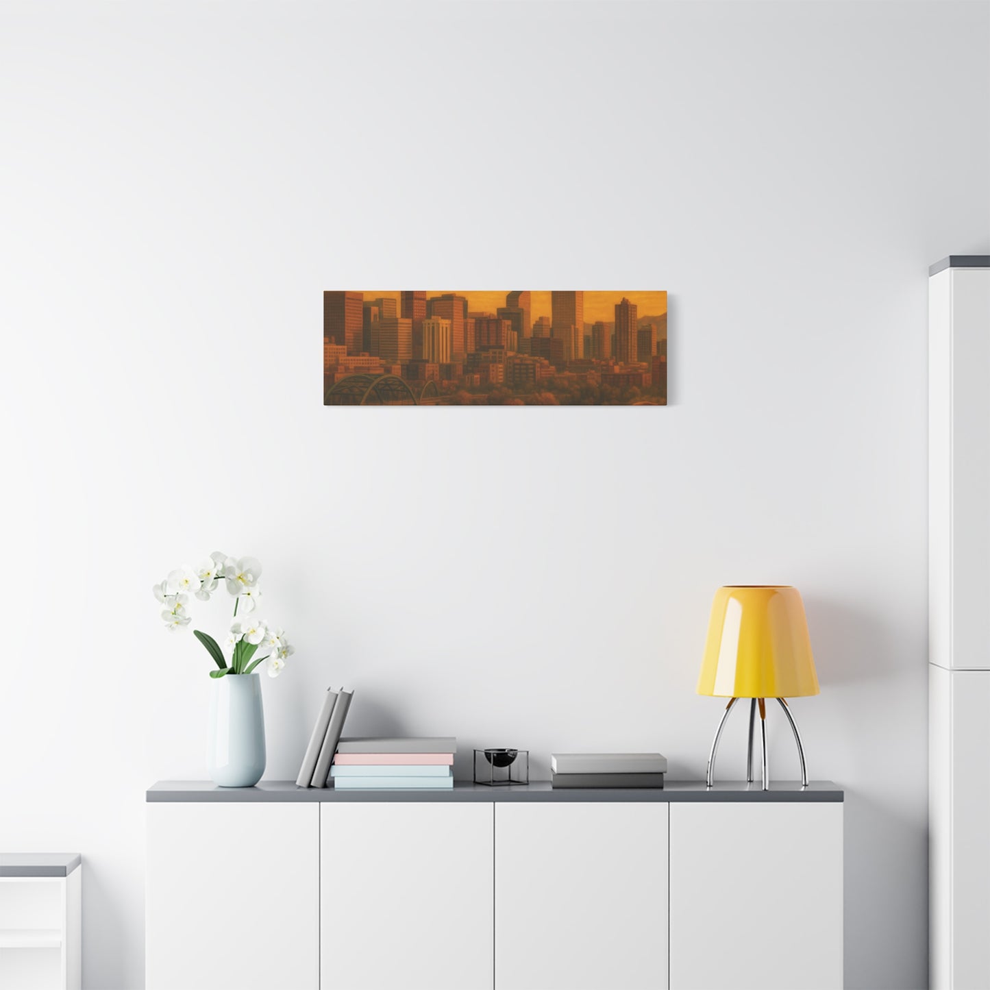 Stretched Canvas Wall Art, Urban Sunset Landscape Print, Horse and City Scene, Home Décor, Gift Idea for Art Lovers