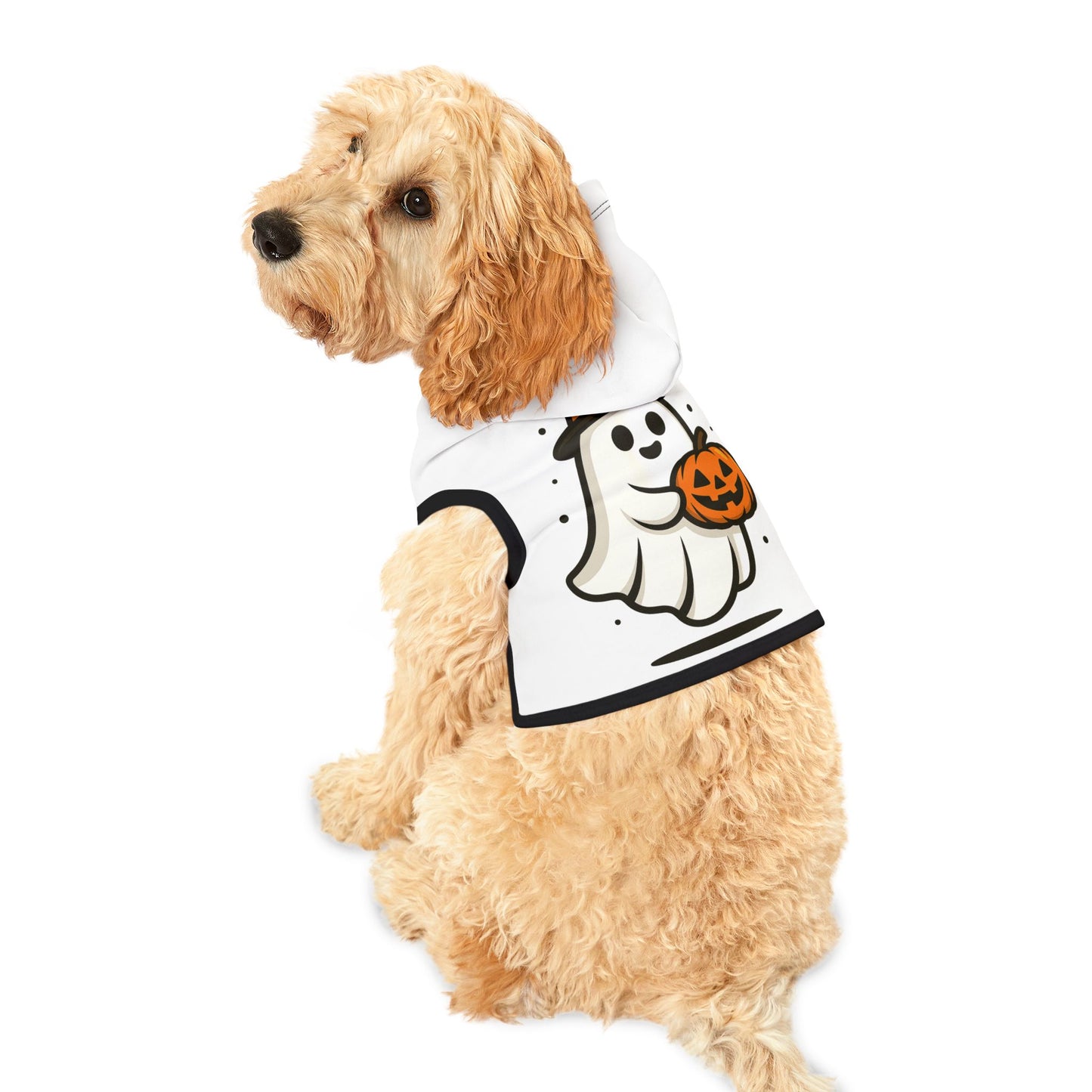 Halloween Ghost Pet Hoodie with Pumpkin Design, Dog Costume, Cat Sweater, Pet Apparel for Fall, Spooky Season Wear