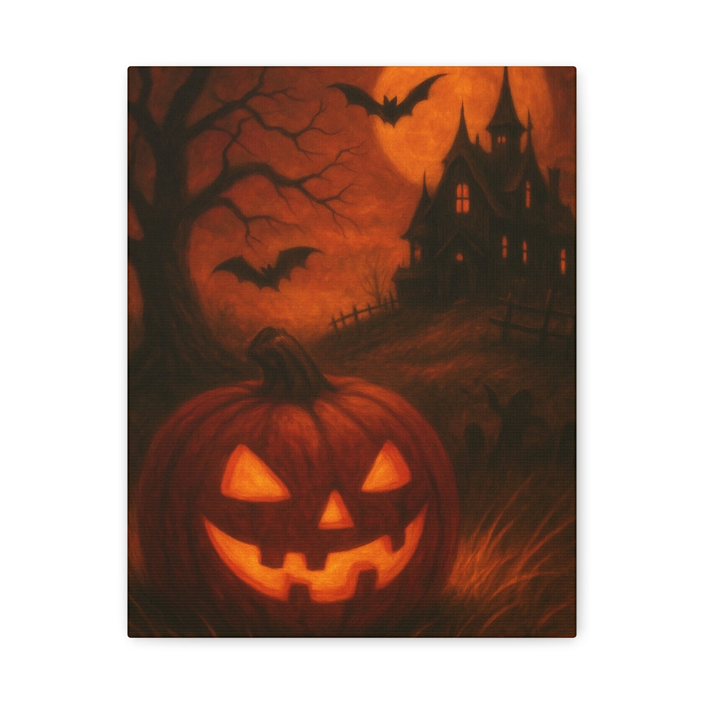 Halloween Themed Canvas Art, Spooky Wall Decor, Pumpkin Artwork, Haunted House Print, Fall Home Decoration