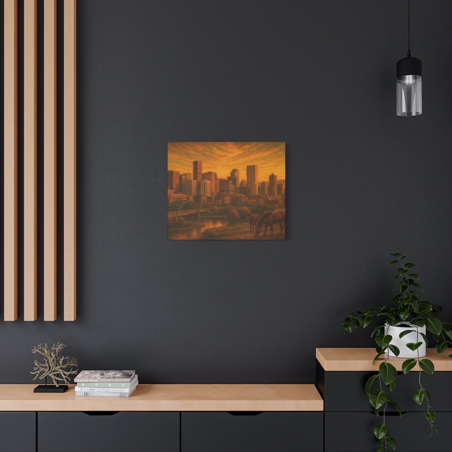 Stretched Canvas Wall Art, Urban Sunset Landscape Print, Horse and City Scene, Home Décor, Gift Idea for Art Lovers