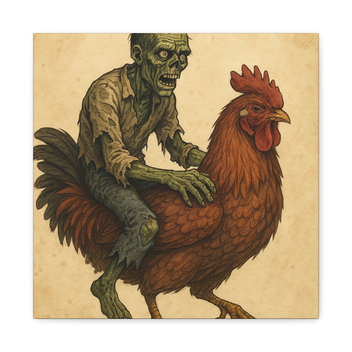 Zombie Chicken Ride Matte Canvas Art, Whimsical Wall Decor, Funny Gift for Halloween, Unique Home Decor, Quirky Art Print