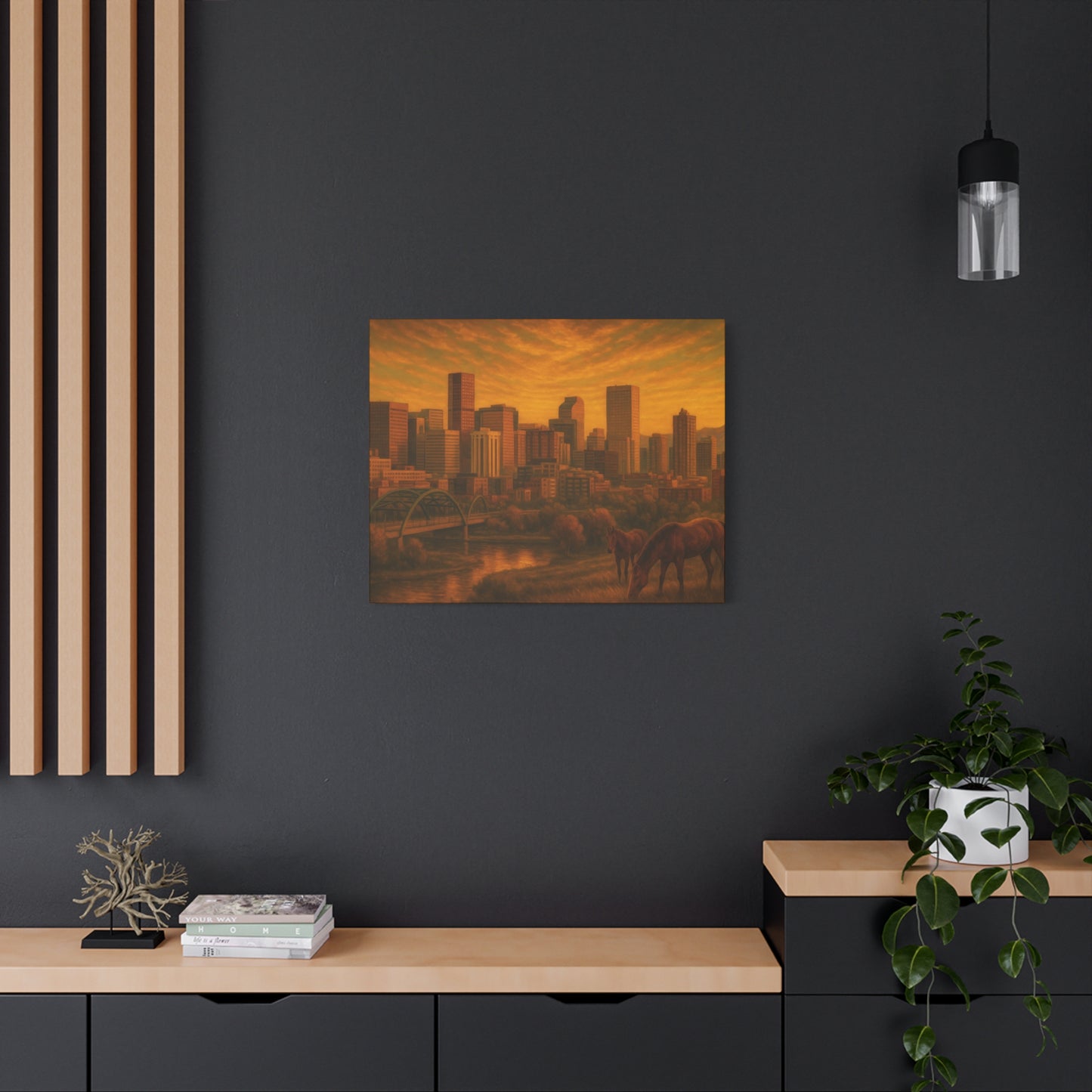 Stretched Canvas Wall Art, Urban Sunset Landscape Print, Horse and City Scene, Home Décor, Gift Idea for Art Lovers