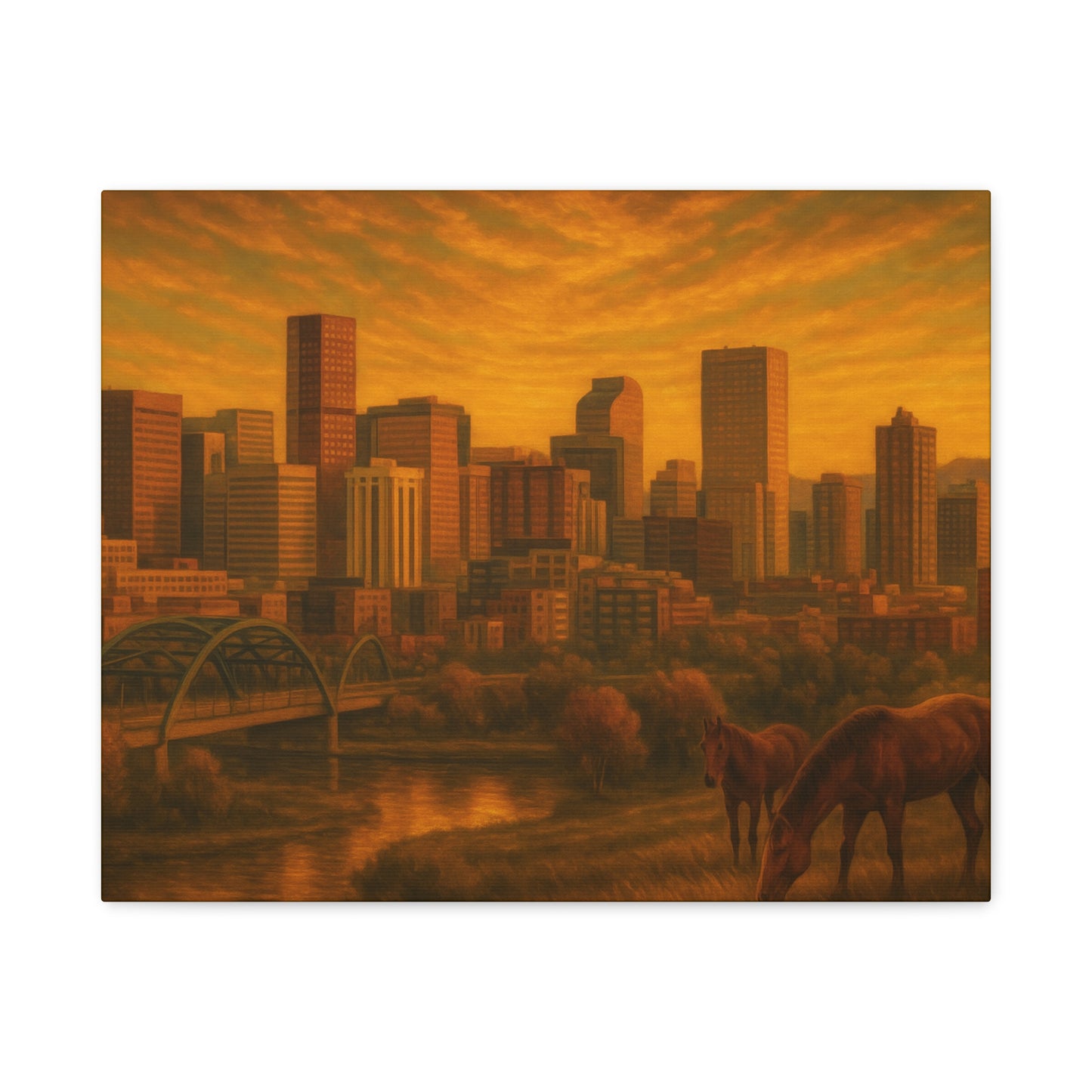 Stretched Canvas Wall Art, Urban Sunset Landscape Print, Horse and City Scene, Home Décor, Gift Idea for Art Lovers