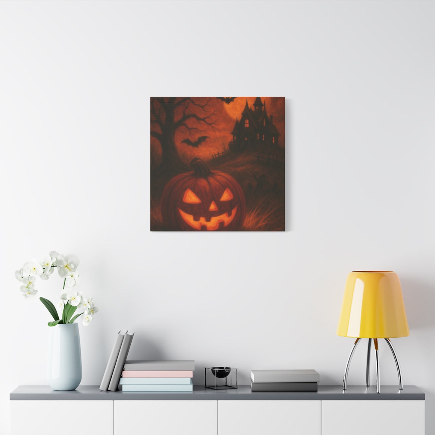 Halloween Themed Canvas Art, Spooky Wall Decor, Pumpkin Artwork, Haunted House Print, Fall Home Decoration