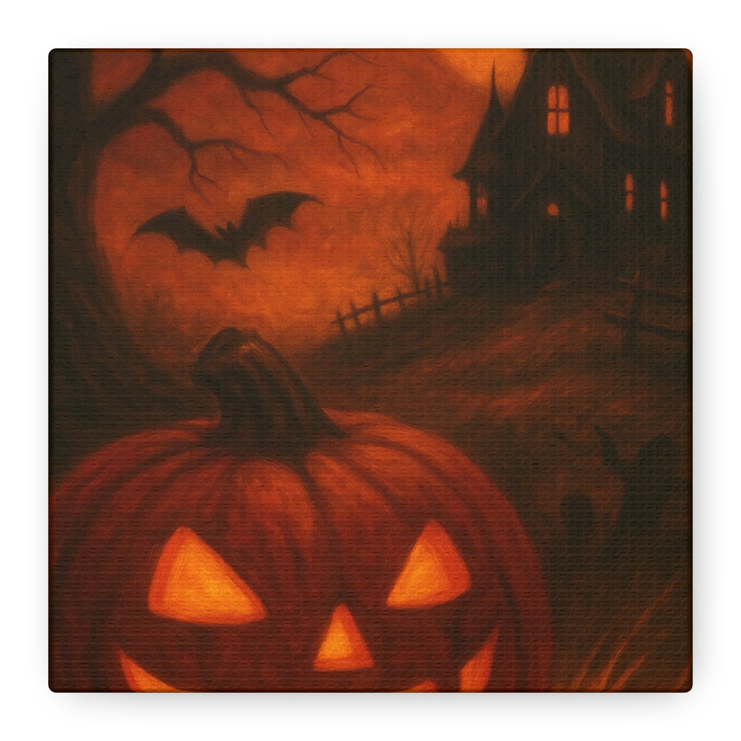 Halloween Themed Canvas Art, Spooky Wall Decor, Pumpkin Artwork, Haunted House Print, Fall Home Decoration