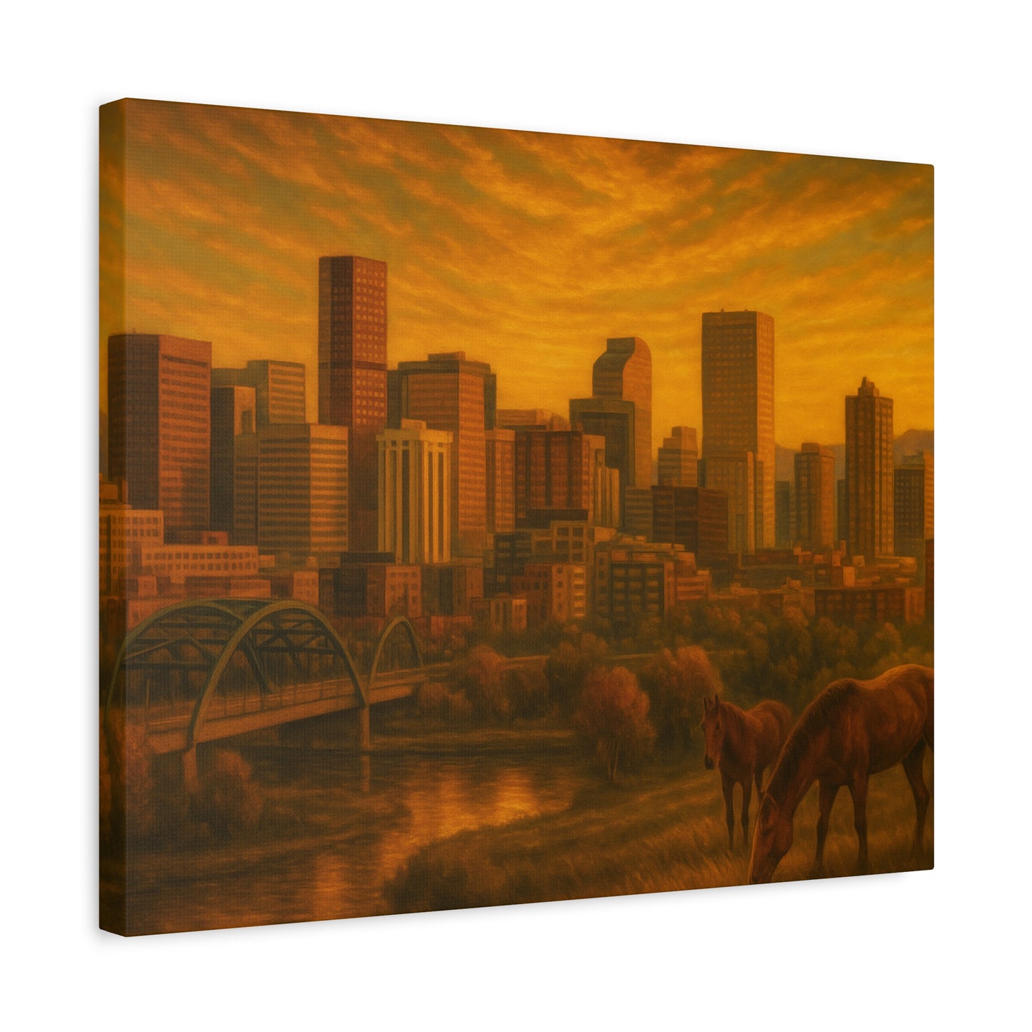 Stretched Canvas Wall Art, Urban Sunset Landscape Print, Horse and City Scene, Home Décor, Gift Idea for Art Lovers