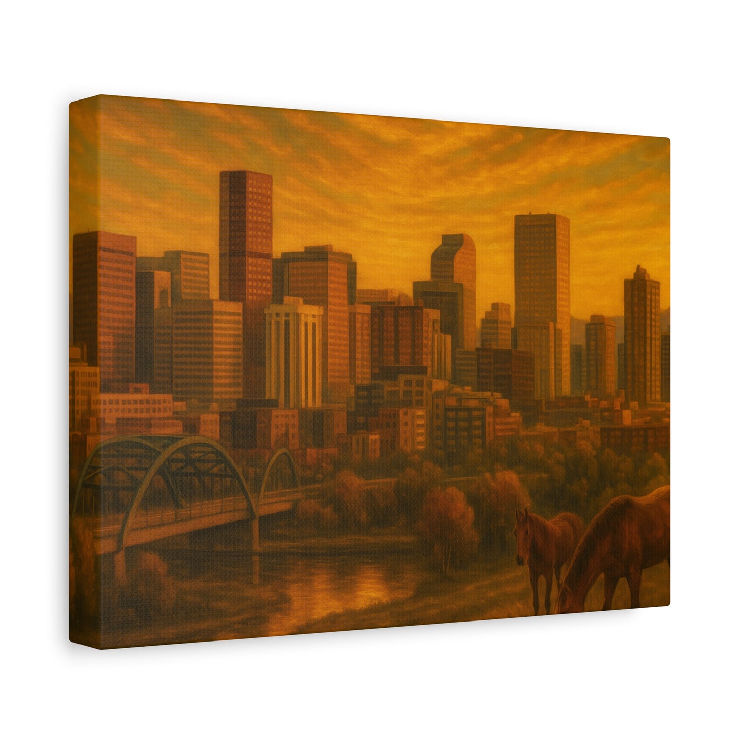 Stretched Canvas Wall Art, Urban Sunset Landscape Print, Horse and City Scene, Home Décor, Gift Idea for Art Lovers