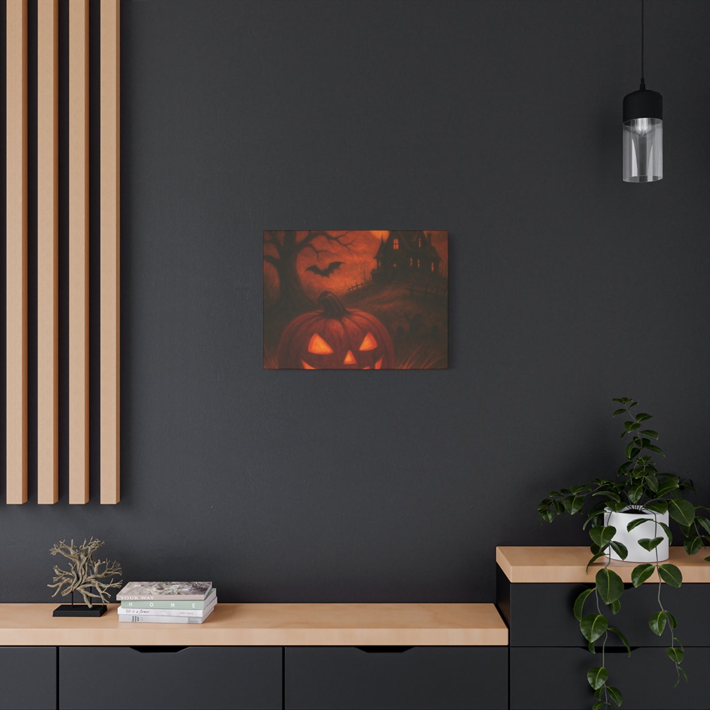 Halloween Themed Canvas Art, Spooky Wall Decor, Pumpkin Artwork, Haunted House Print, Fall Home Decoration