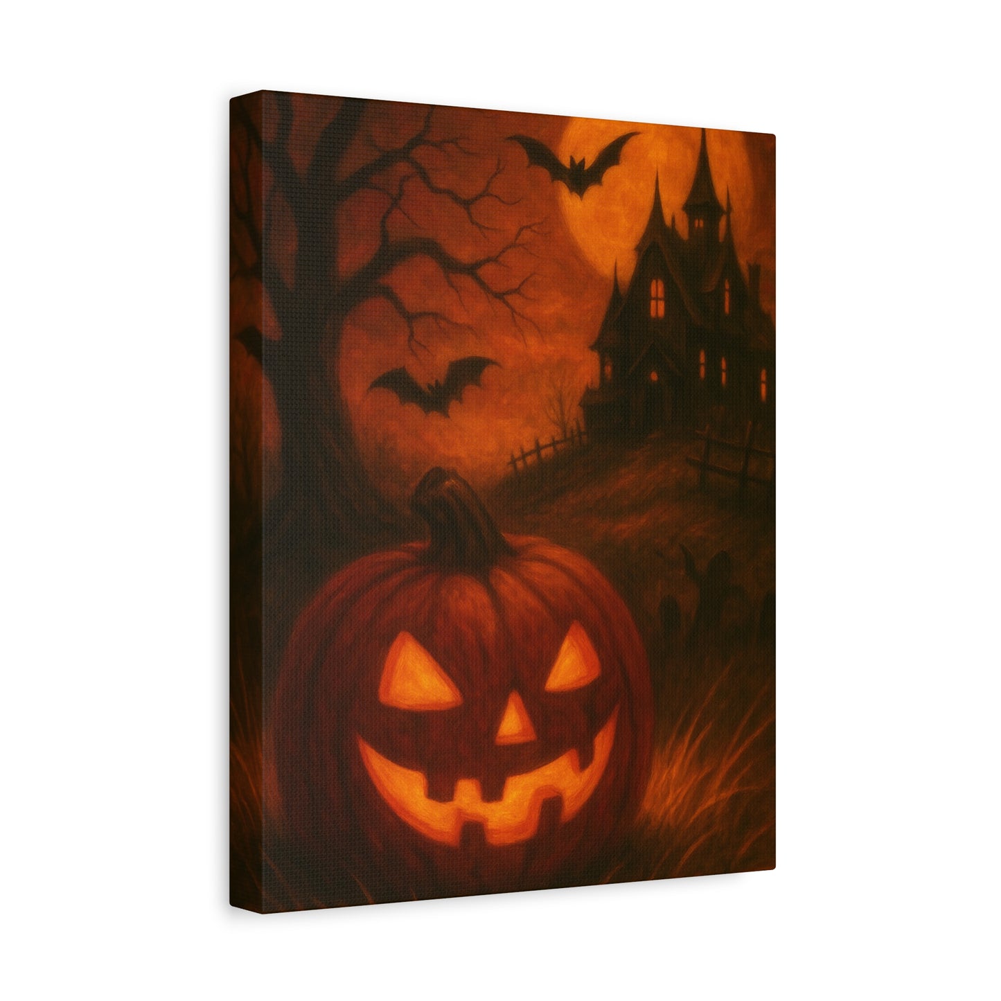 Halloween Themed Canvas Art, Spooky Wall Decor, Pumpkin Artwork, Haunted House Print, Fall Home Decoration