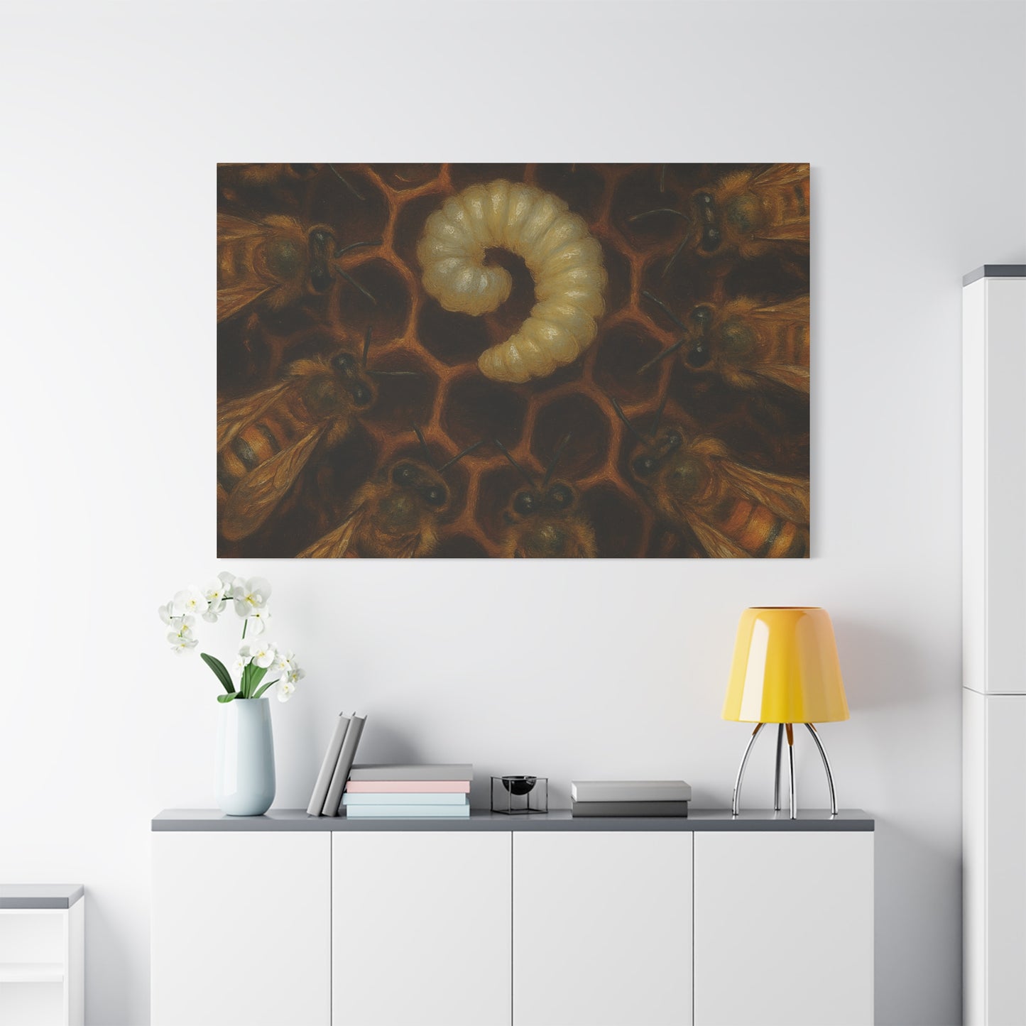 Bee Themed Wall Art Canvas, Honeycomb Decor, Nature Lover Gift, Nursery Decoration, Botanical Wall Art, Insect Art Print