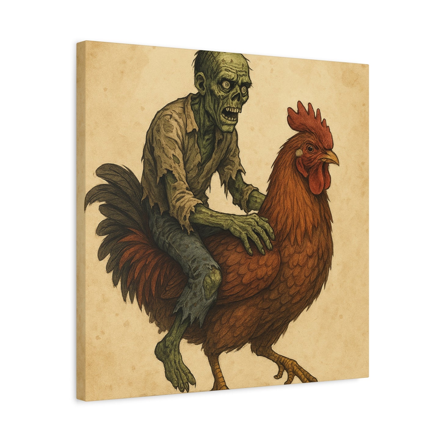 Zombie Chicken Ride Matte Canvas Art, Whimsical Wall Decor, Funny Gift for Halloween, Unique Home Decor, Quirky Art Print