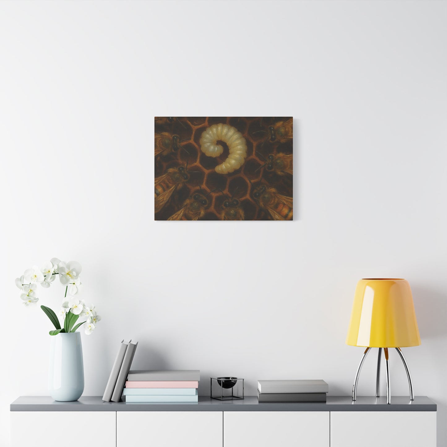 Bee Themed Wall Art Canvas, Honeycomb Decor, Nature Lover Gift, Nursery Decoration, Botanical Wall Art, Insect Art Print